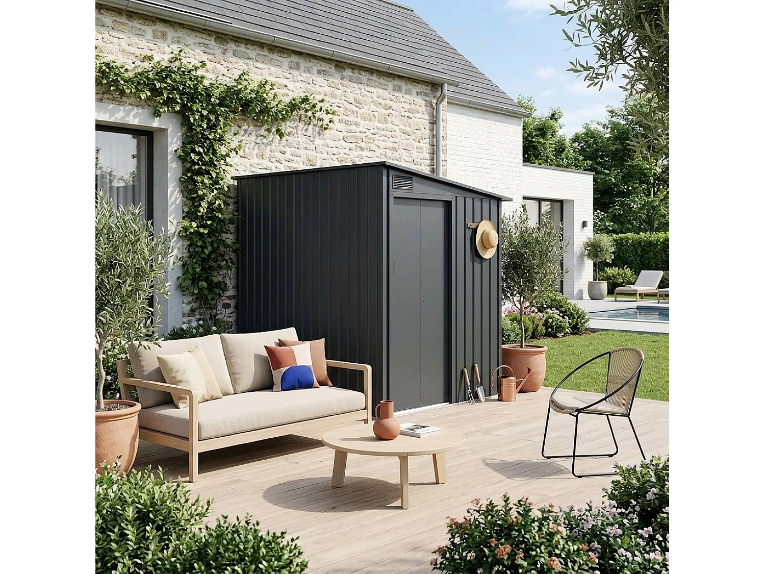 Abri de jardin adossable acier galvanisé 2.91m² avec porte coulissante et kit d'ancrage anthracite - Bray
