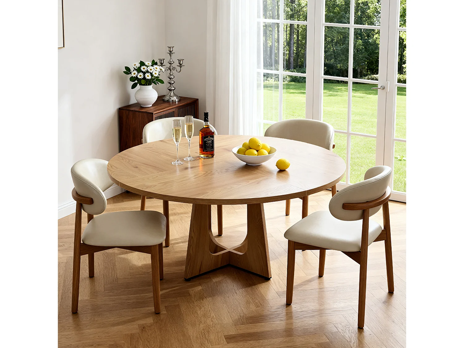 Ensemble table rond 120 cm + 4 chaises - Plateau en MDF - Naturel clair