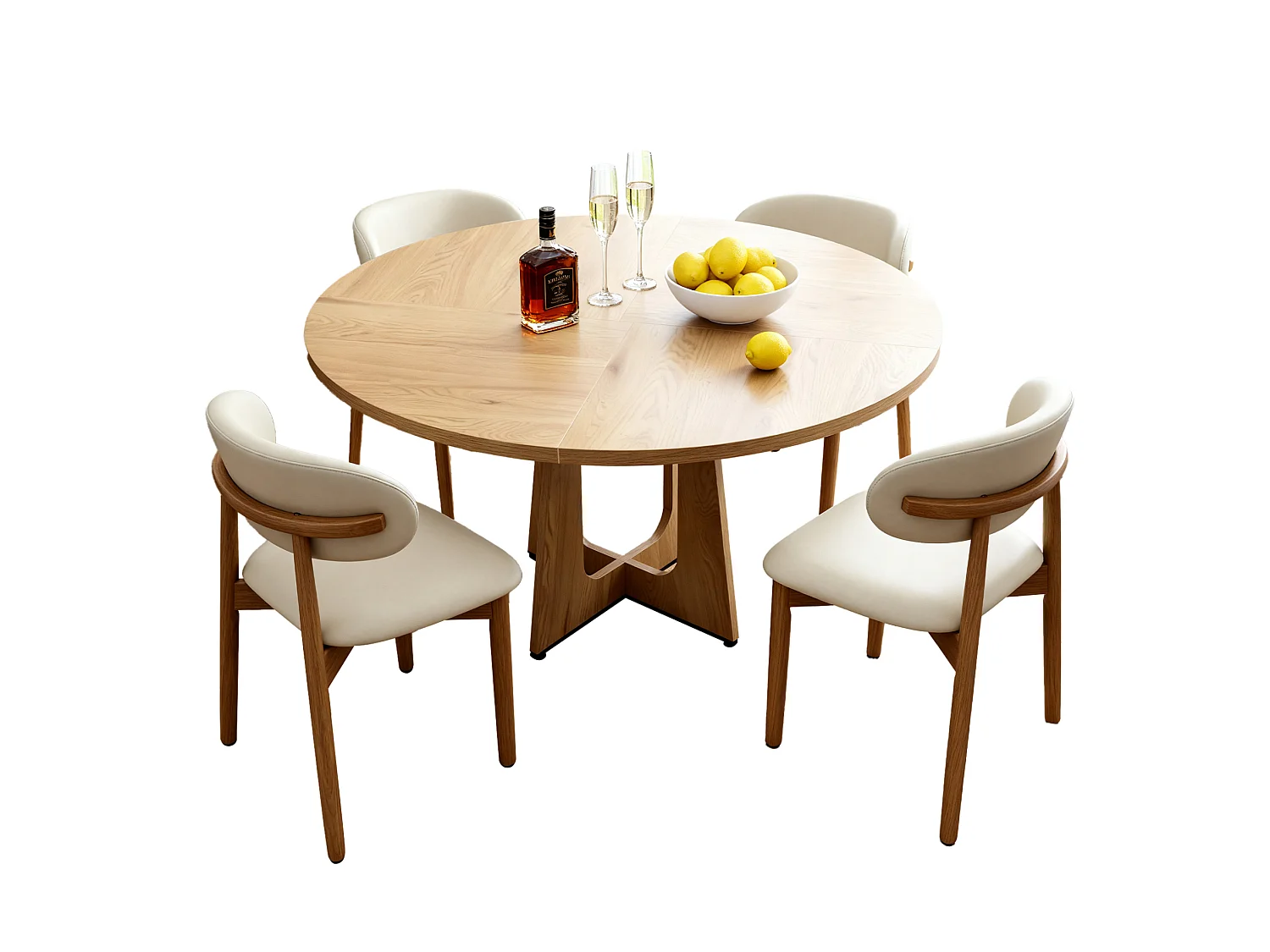 Ensemble table rond 120 cm + 4 chaises - Plateau en MDF - Naturel clair