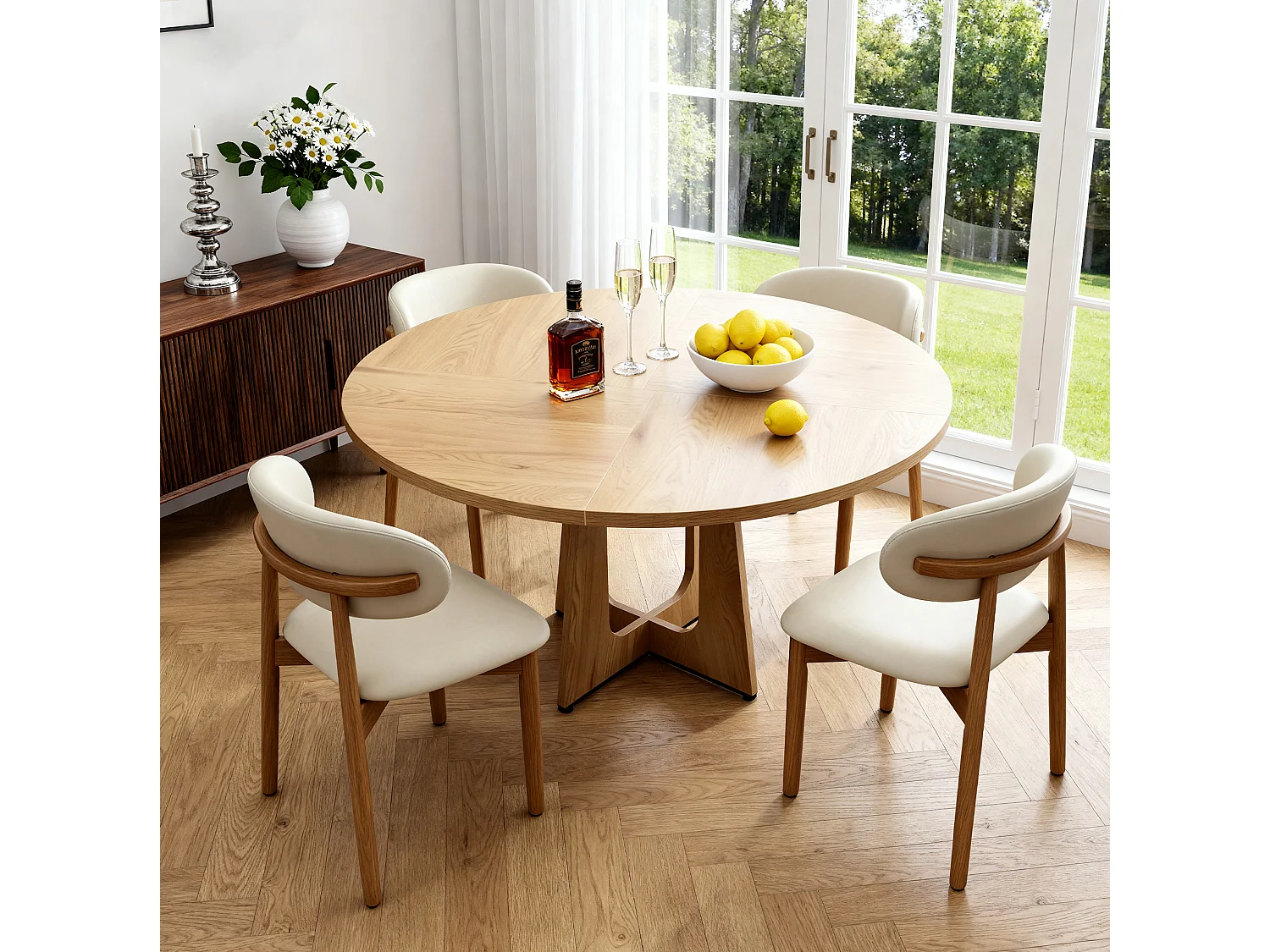 Ensemble table rond 120 cm + 4 chaises - Plateau en MDF - Naturel clair