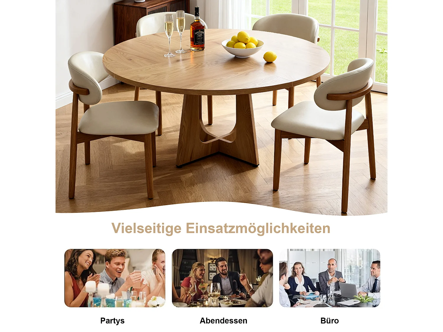 Ensemble table rond 120 cm + 4 chaises - Plateau en MDF - Naturel clair