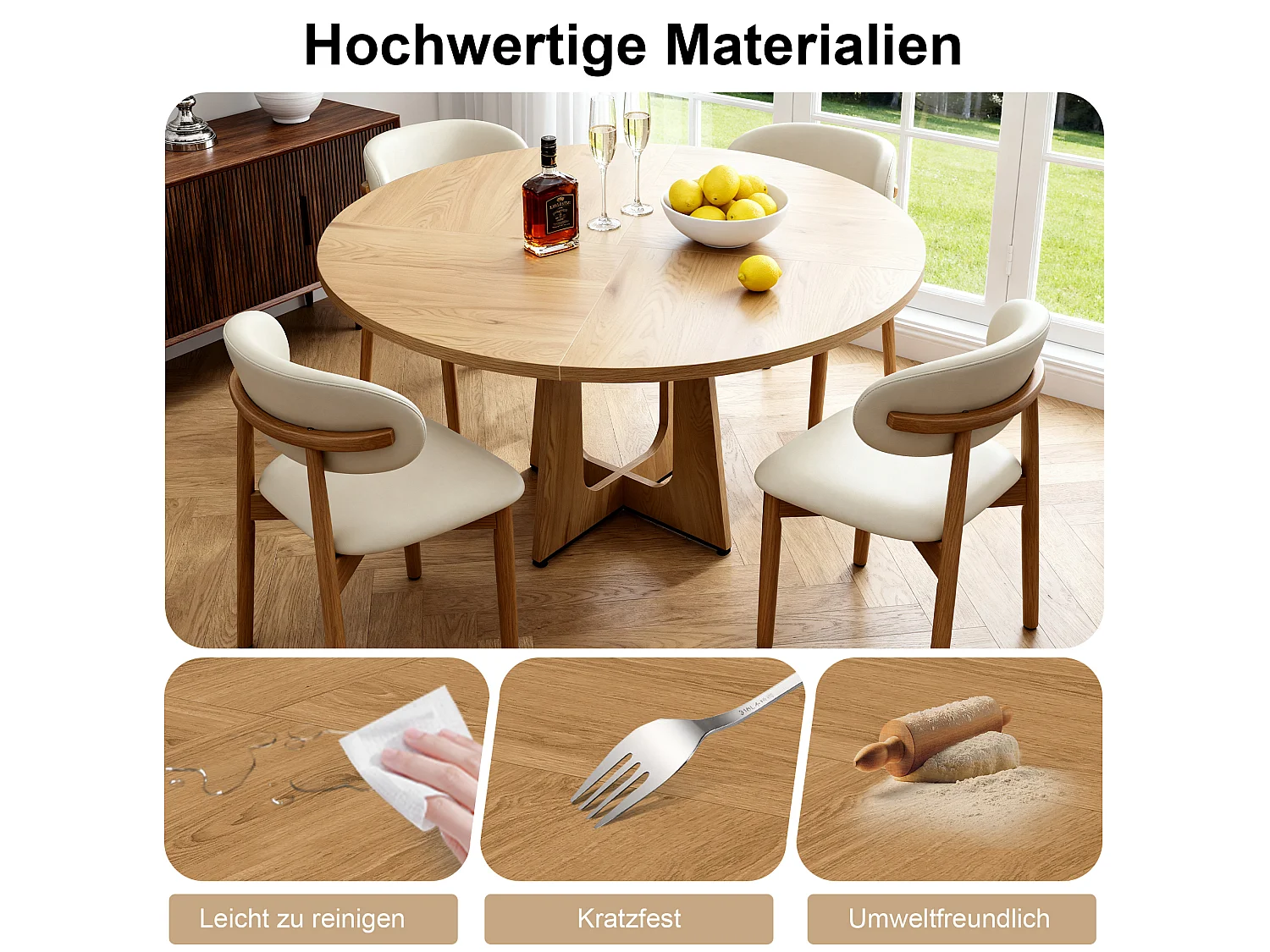 Ensemble table rond 120 cm + 4 chaises - Plateau en MDF - Naturel clair