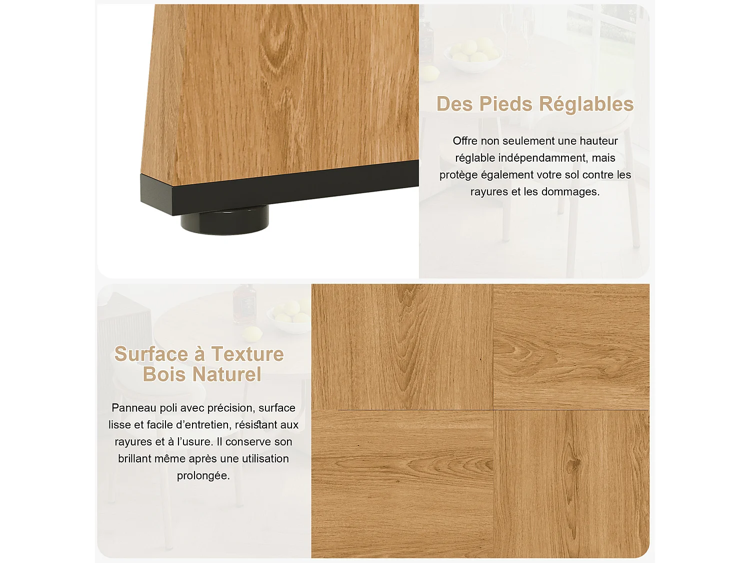 Ensemble table rond 120 cm + 4 chaises - Plateau en MDF - Naturel clair