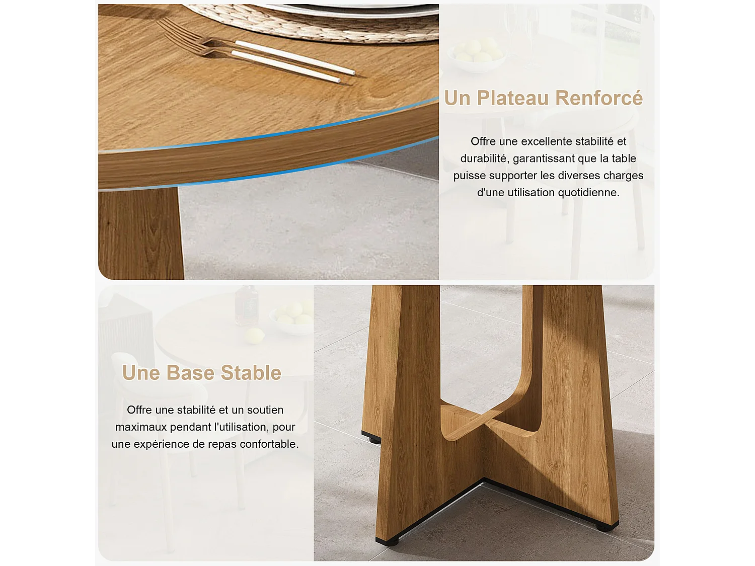 Ensemble table rond 120 cm + 4 chaises - Plateau en MDF - Naturel clair