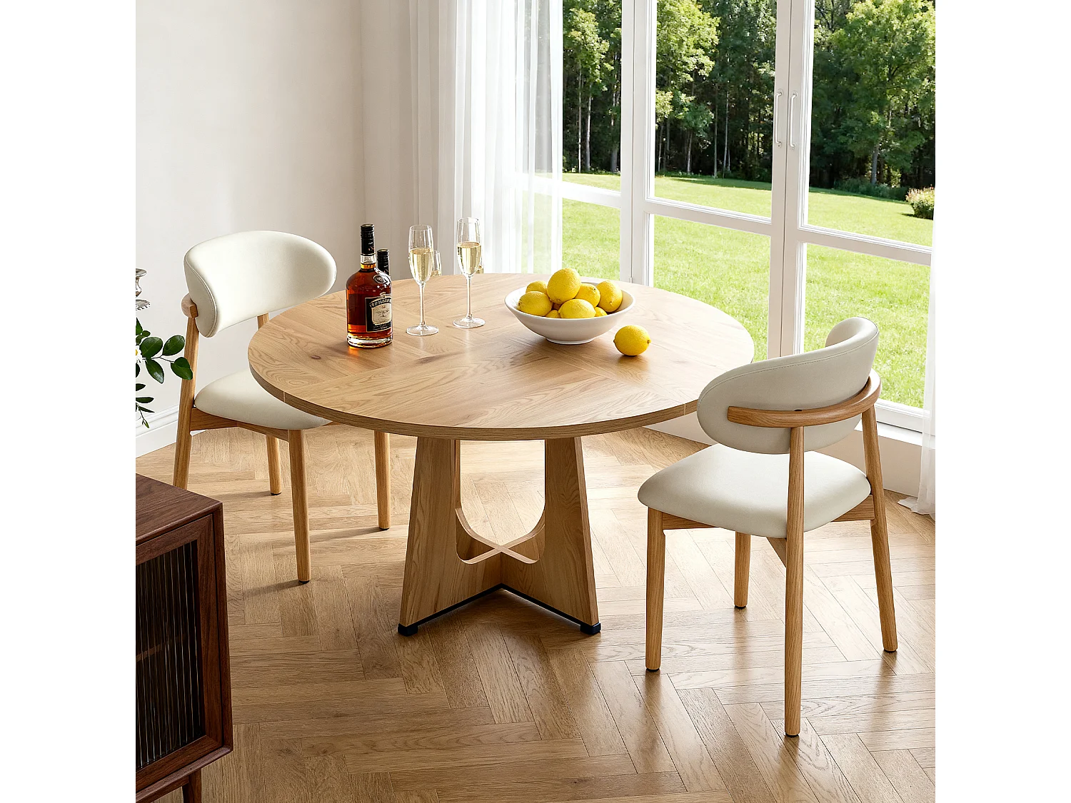 Ensemble table rond 120 cm + 2 chaises - Plateau en MDF - Naturel clair