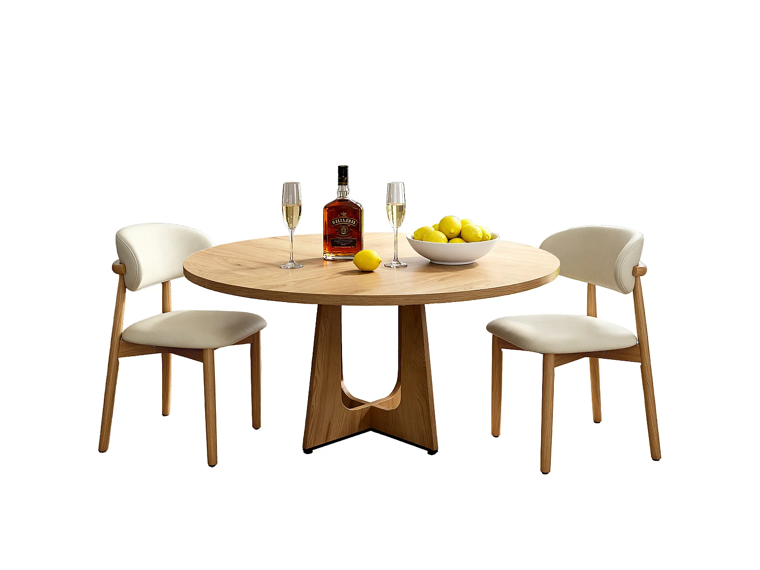 Ensemble table rond 120 cm + 2 chaises - Plateau en MDF - Naturel clair