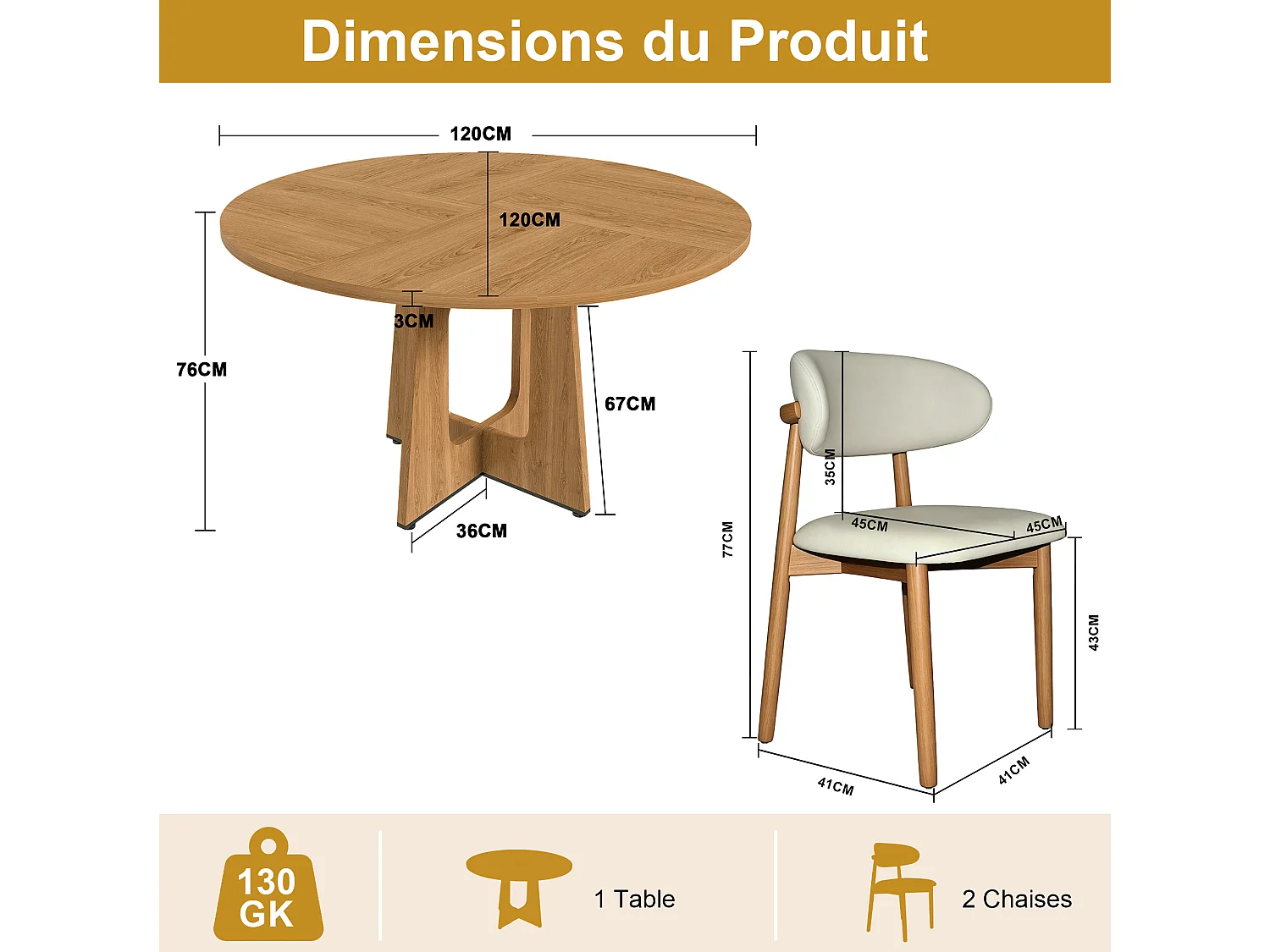 Ensemble table rond 120 cm + 2 chaises - Plateau en MDF - Naturel clair