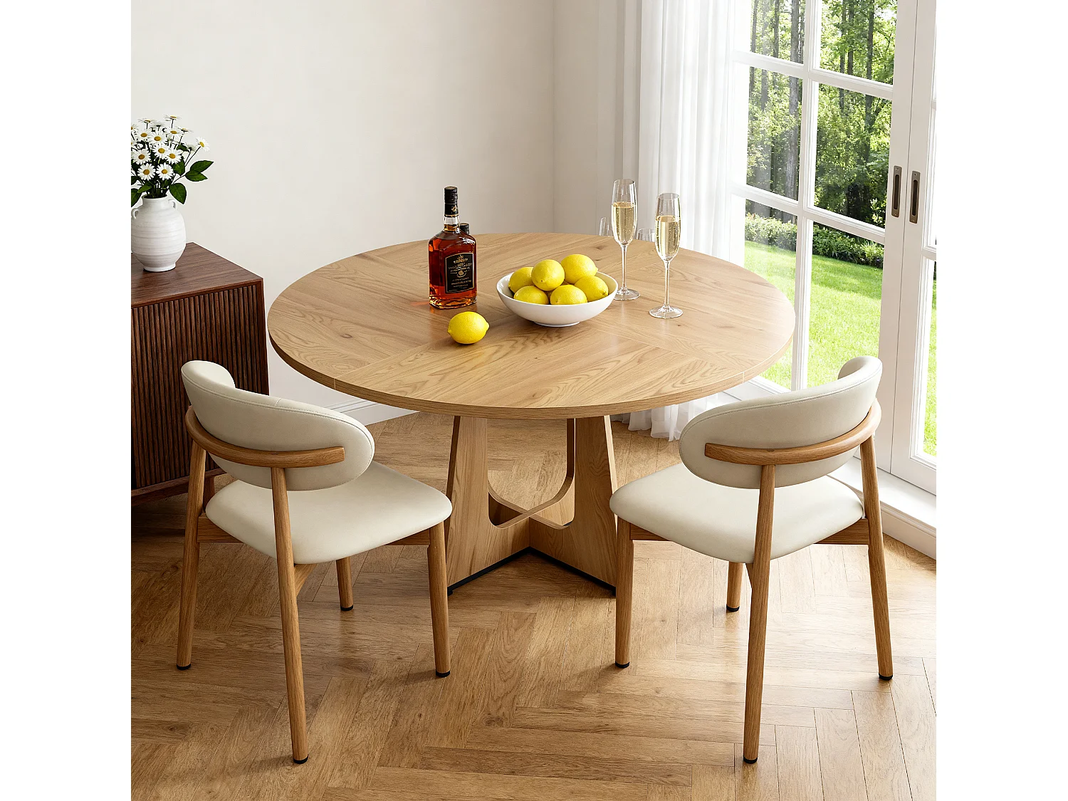 Ensemble table rond 120 cm + 2 chaises - Plateau en MDF - Naturel clair