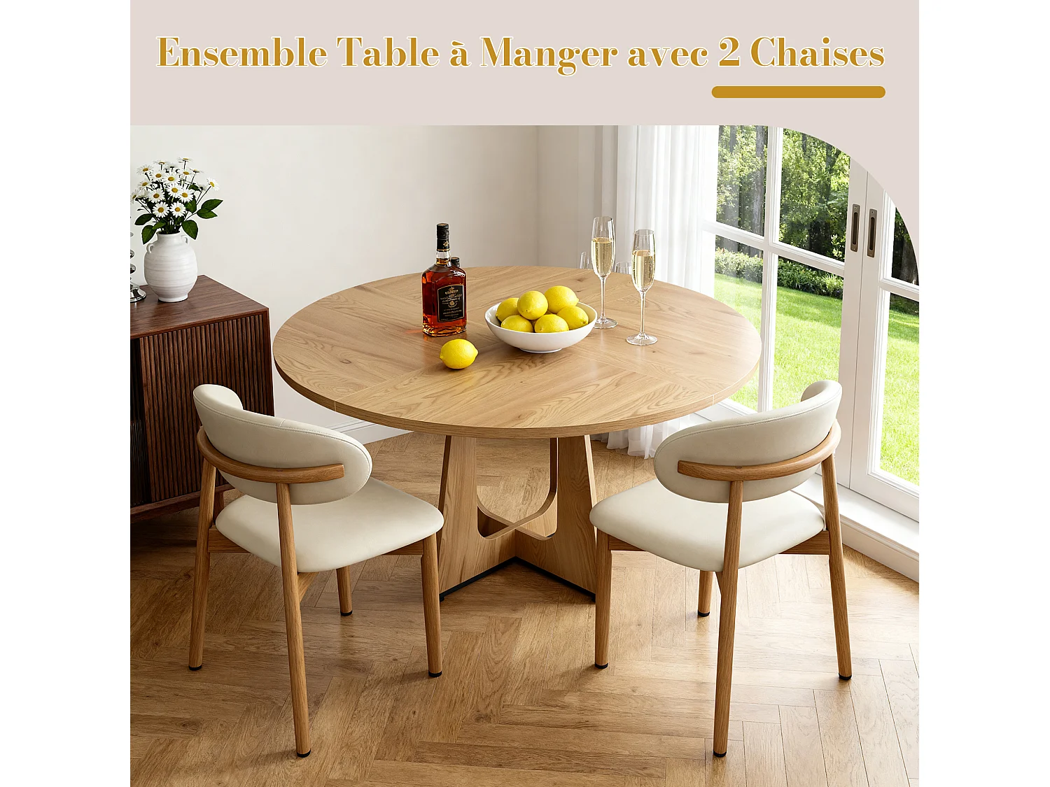 Ensemble table rond 120 cm + 2 chaises - Plateau en MDF - Naturel clair