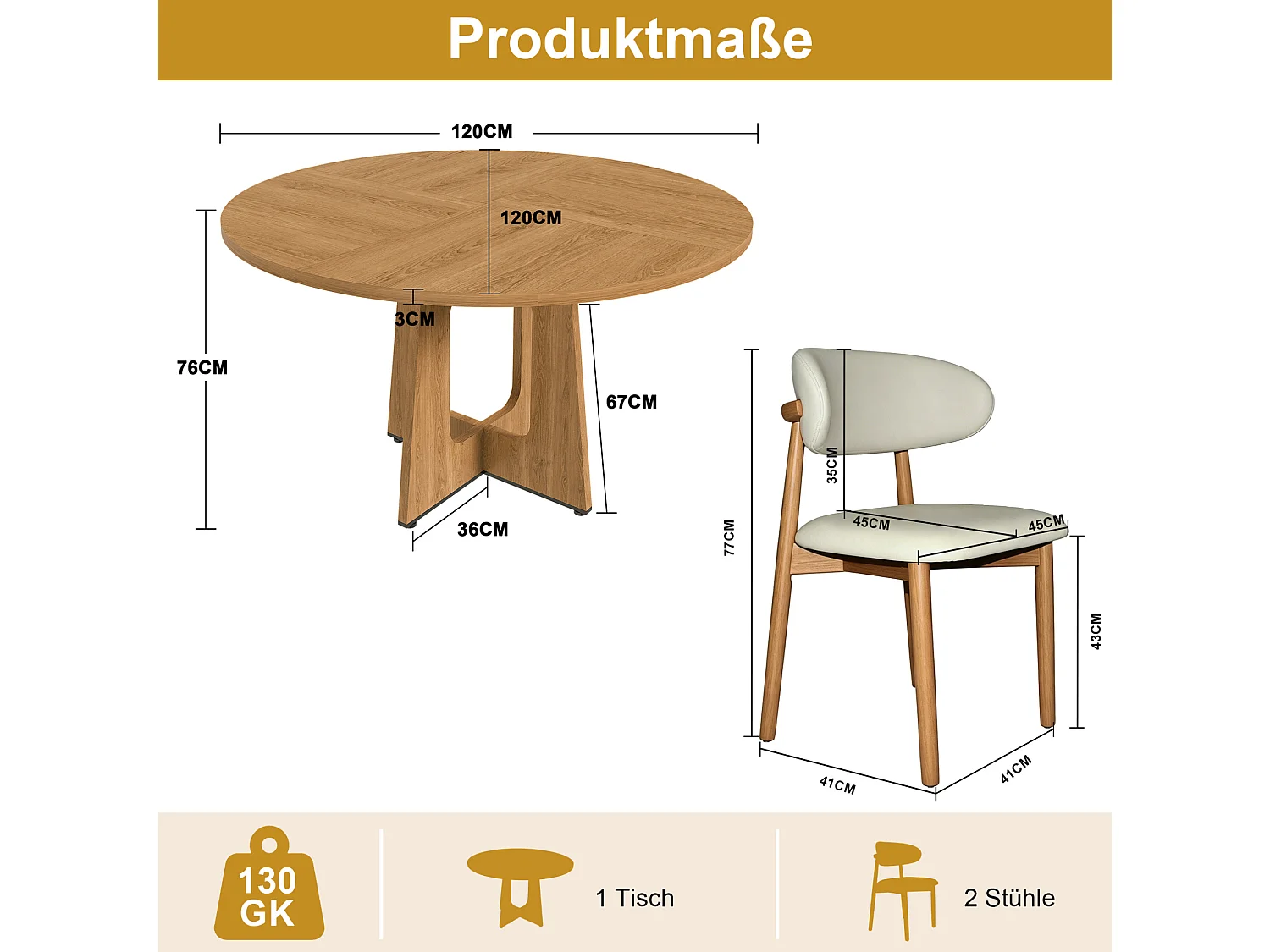Ensemble table rond 120 cm + 2 chaises - Plateau en MDF - Naturel clair