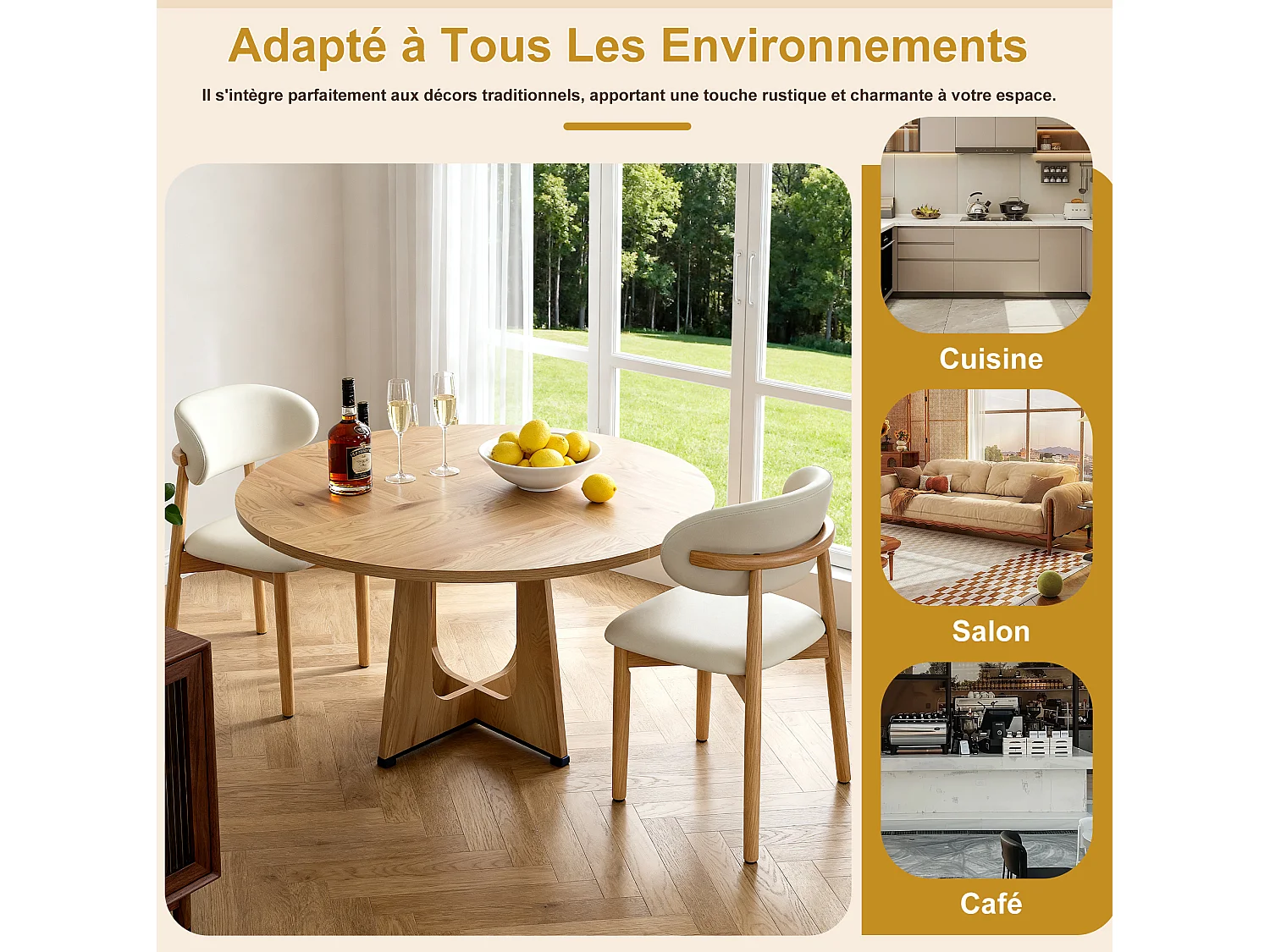 Ensemble table rond 120 cm + 2 chaises - Plateau en MDF - Naturel clair