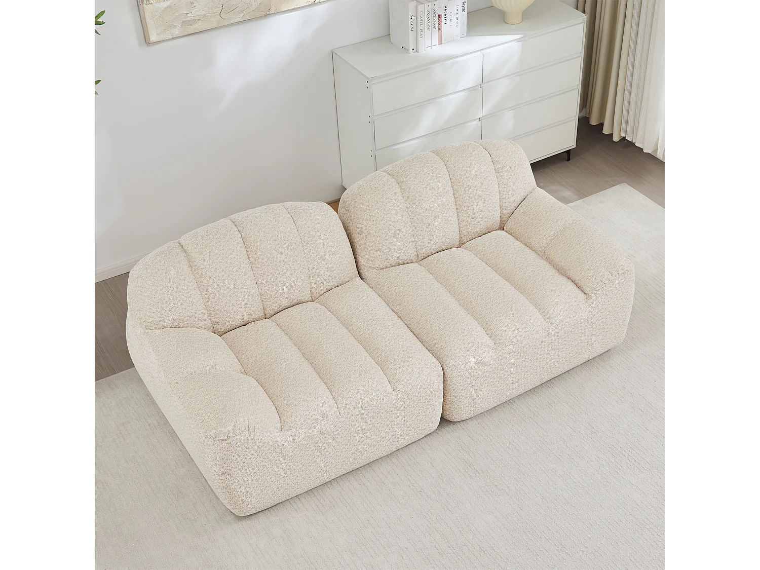 Canapé modulable 2 places beige, style nuage, tissu bouclé, sans montage, salon