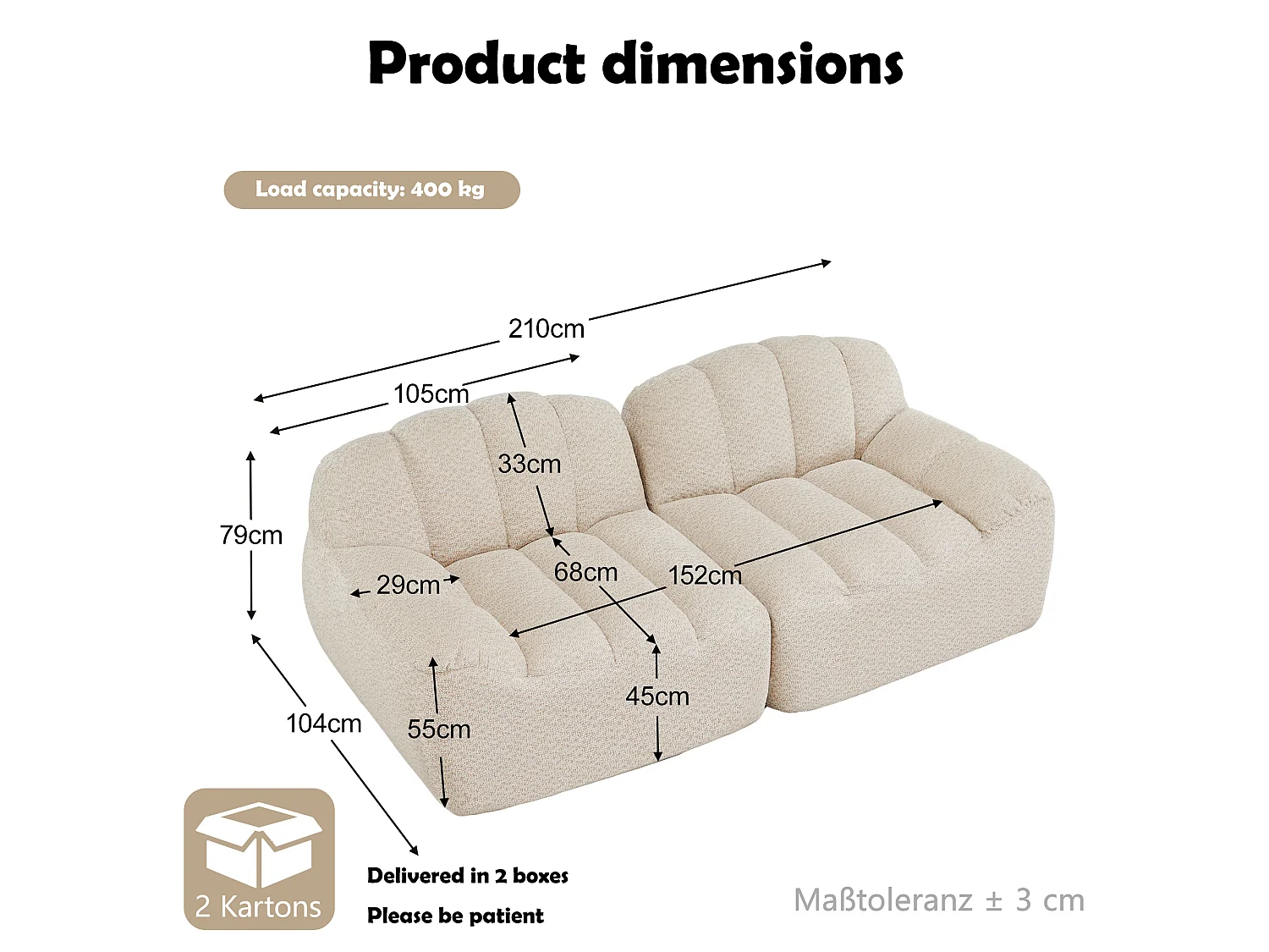Canapé modulable 2 places beige, style nuage, tissu bouclé, sans montage, salon