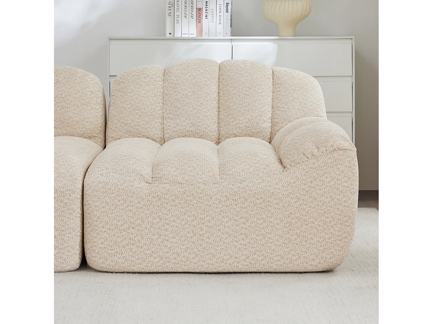 Canapé modulable 2 places beige, style nuage, tissu bouclé, sans montage, salon