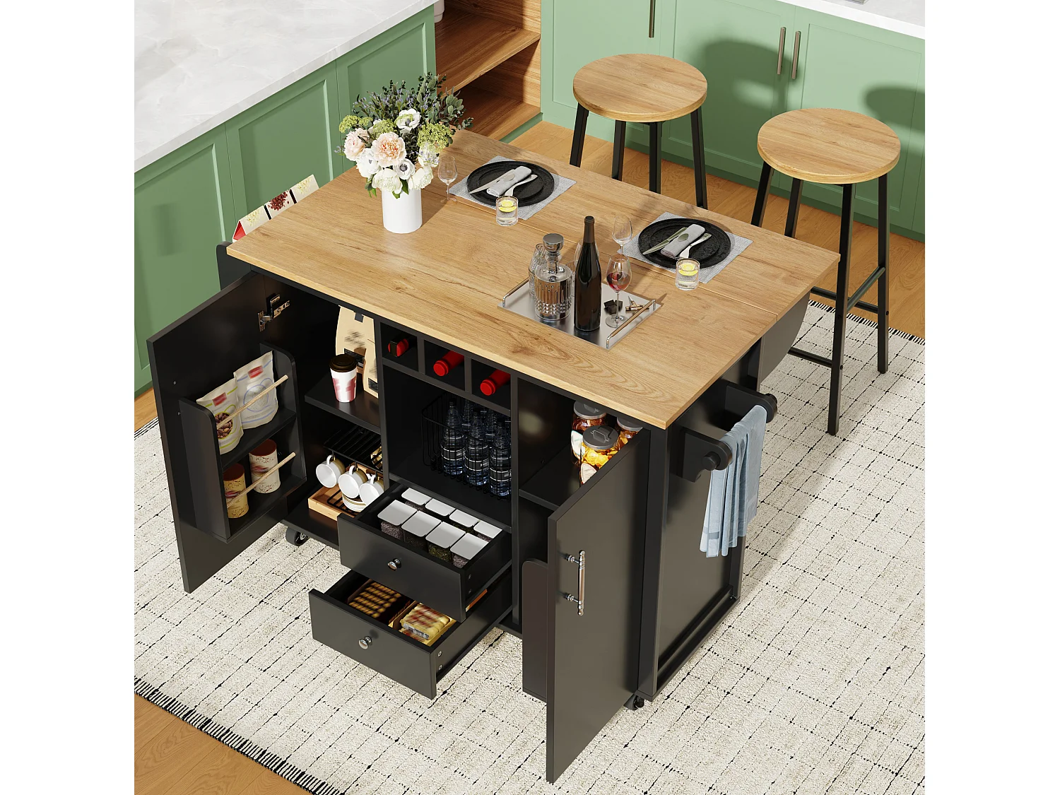Ensemble îlot central de cuisine + 2 tabourets - Noir et naturel
