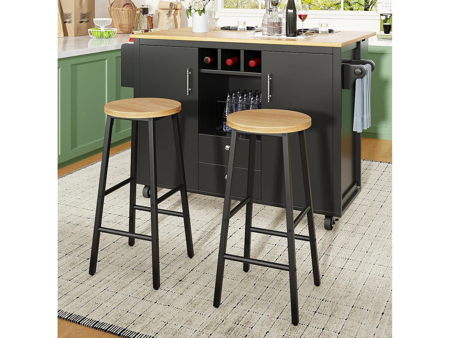 Ensemble îlot central de cuisine + 2 tabourets - Noir et naturel