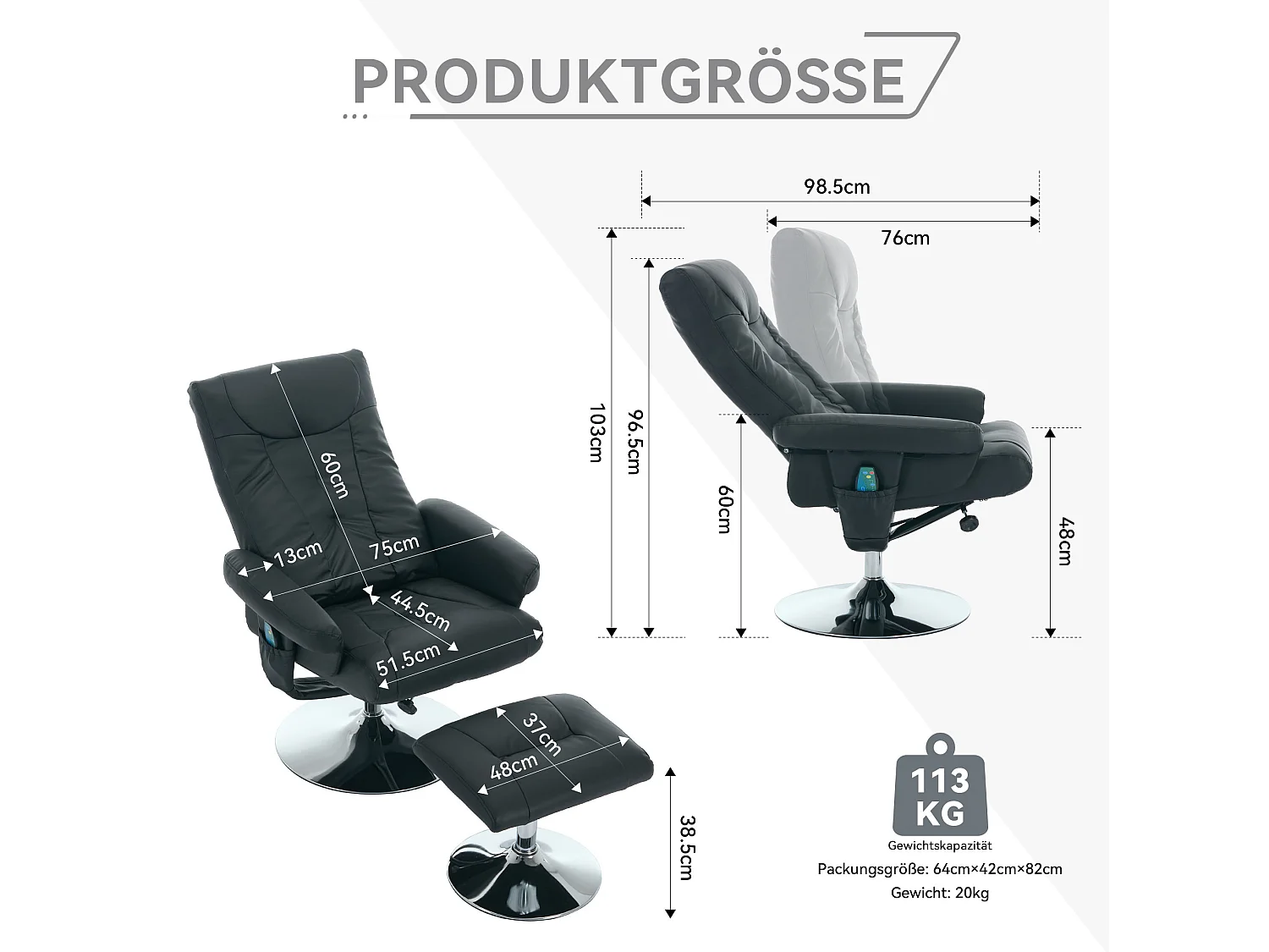 360° draaibare relaxfauteuil van PU-leer met massage- en verwarmingsfunctie - Zwart