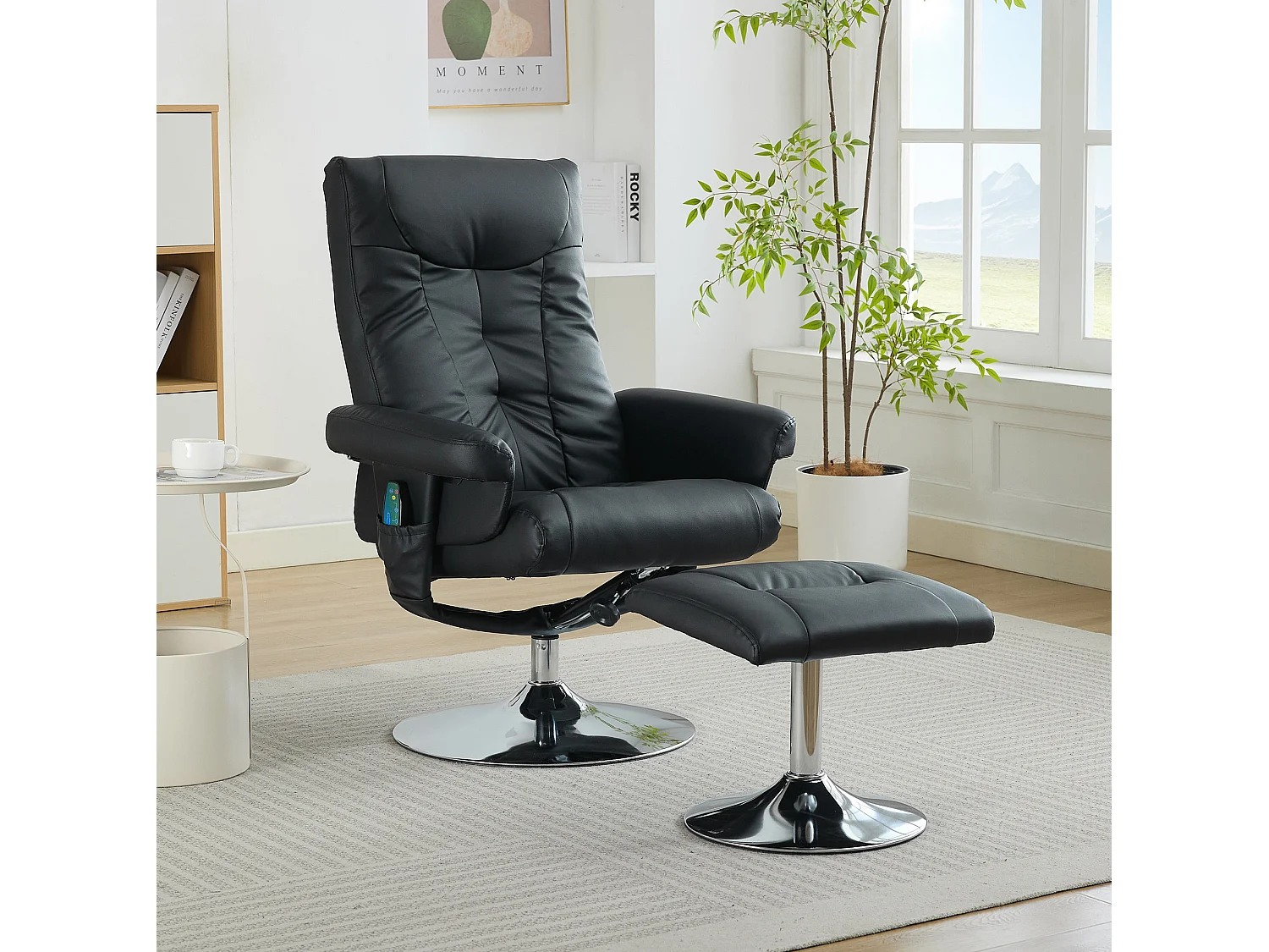 360° draaibare relaxfauteuil van PU-leer met massage- en verwarmingsfunctie - Zwart