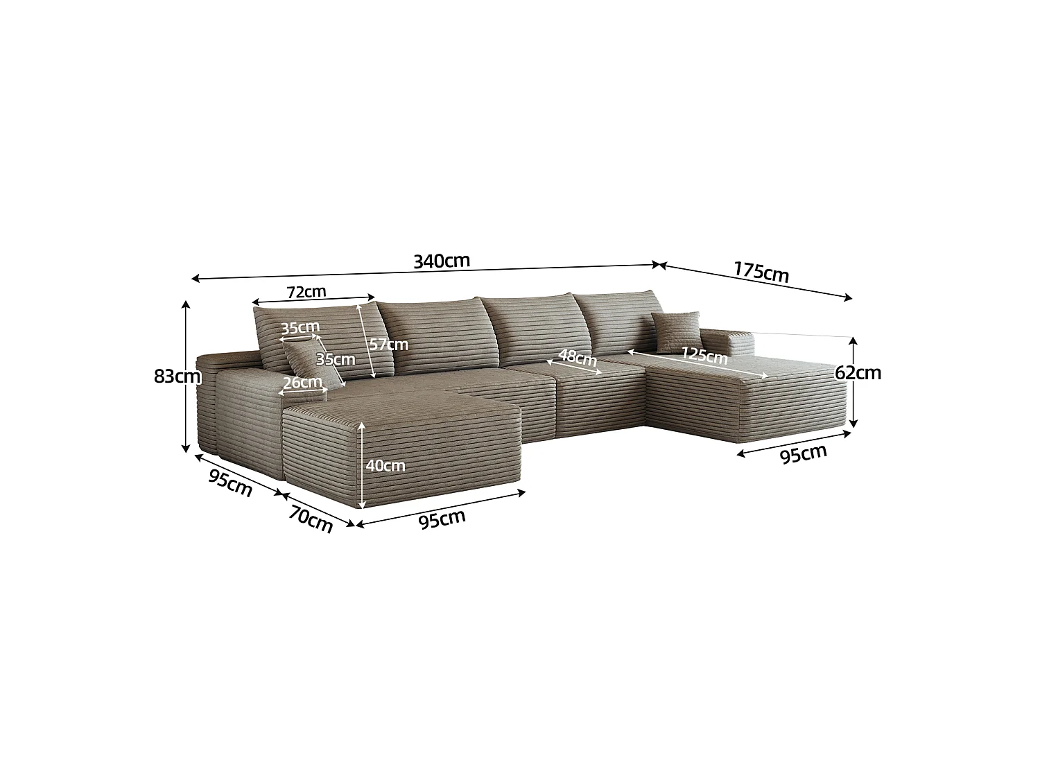 Canapé modulable 4 places en velours côtelé avec pouf et Méridienne à droite - Camel