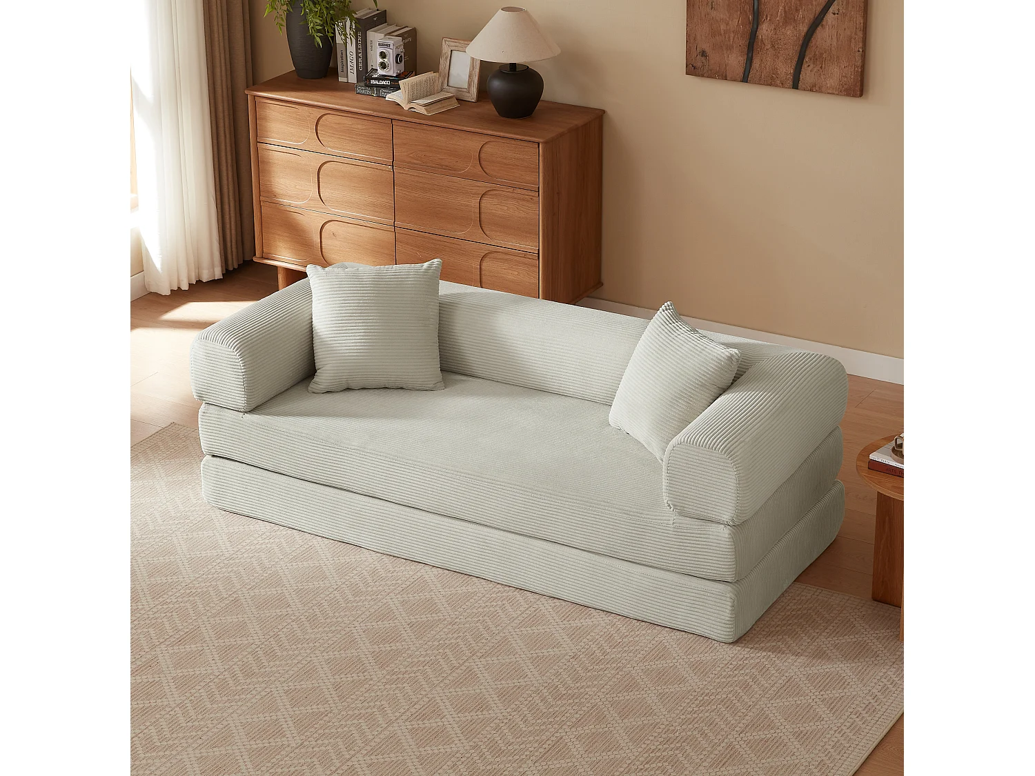Canapé convertible 2 places 195 cm en tissu beige - Sans montage