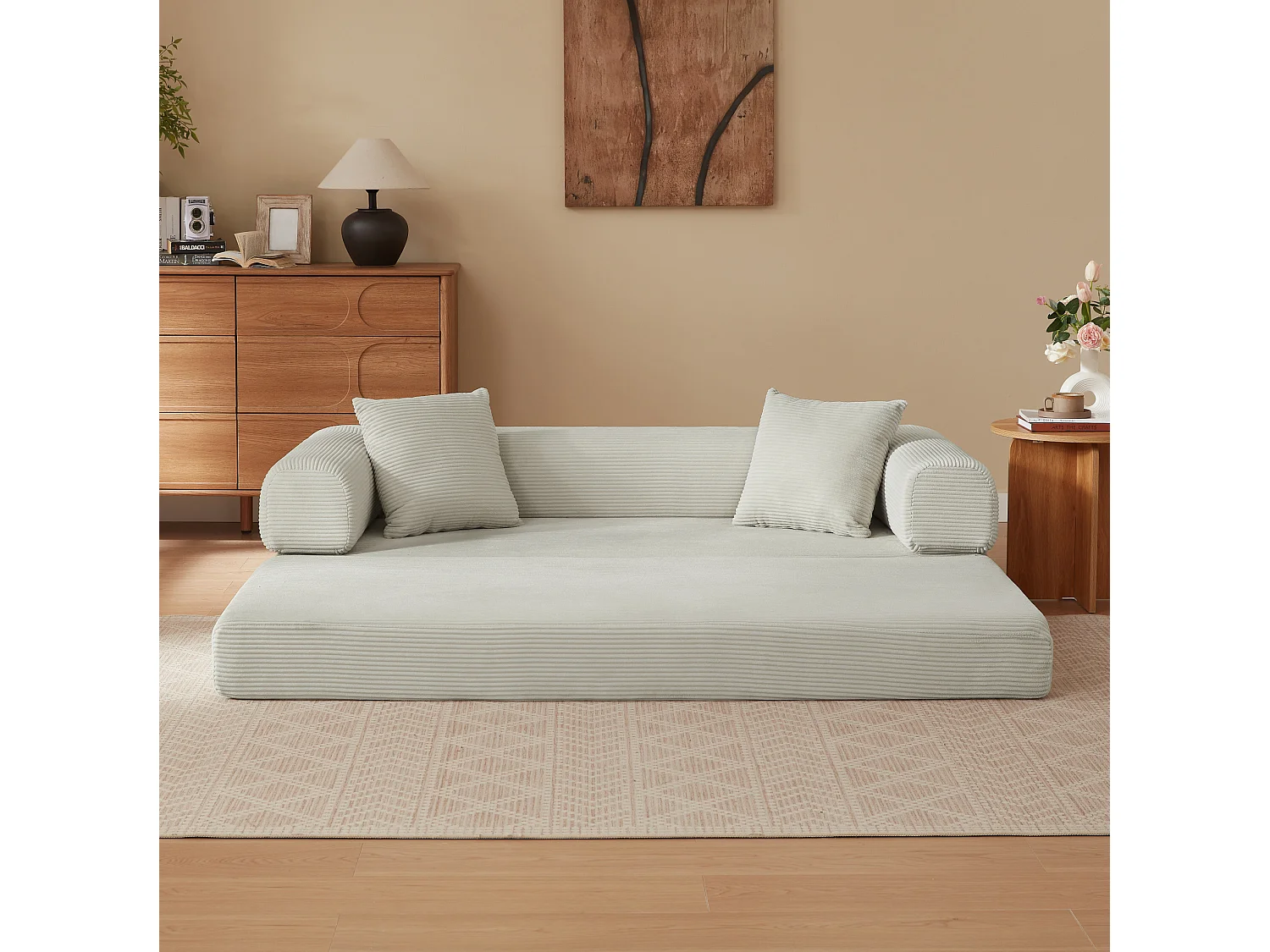 Canapé convertible 2 places 195 cm en tissu beige - Sans montage