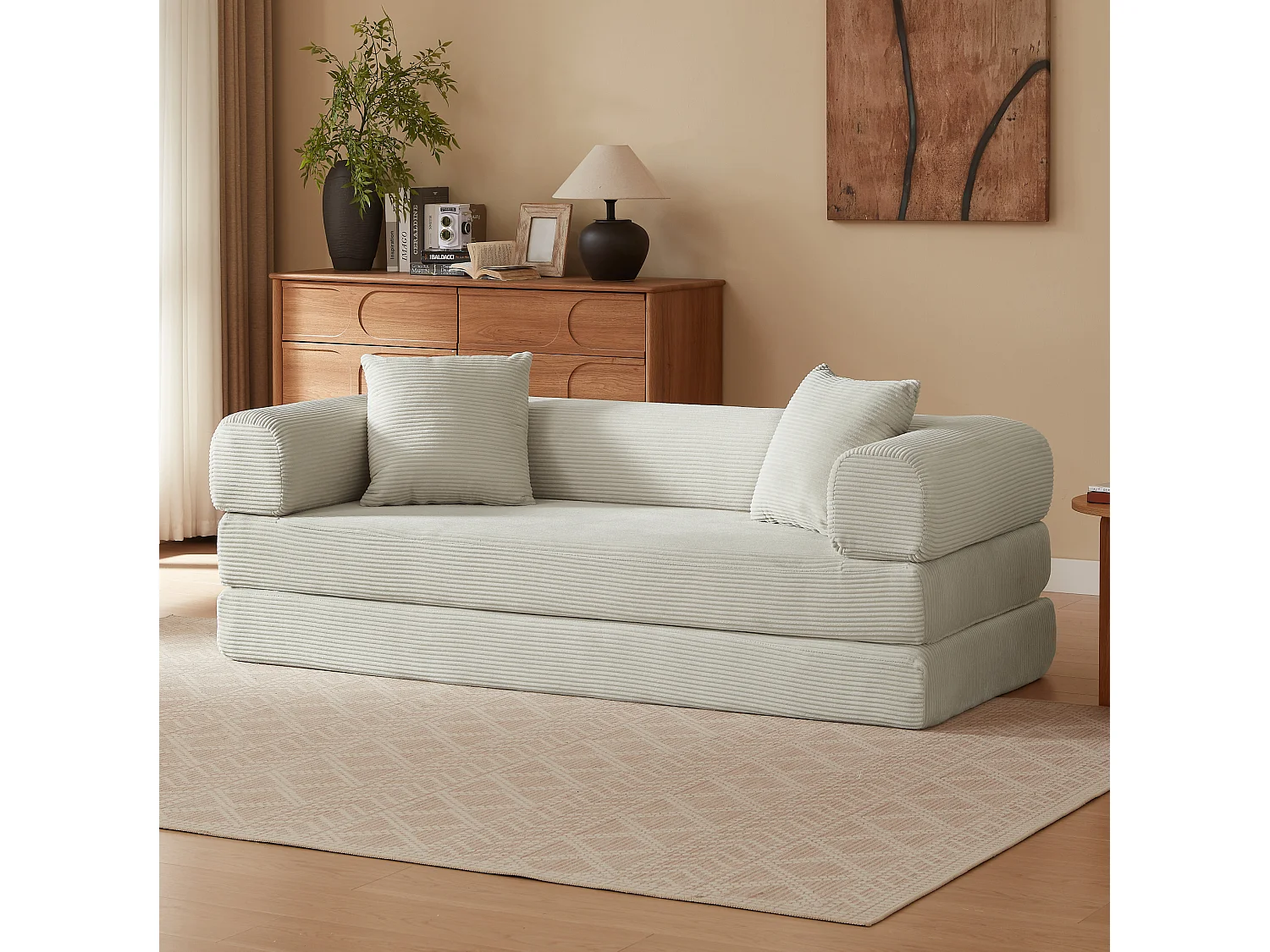 Canapé convertible 2 places 195 cm en tissu beige - Sans montage