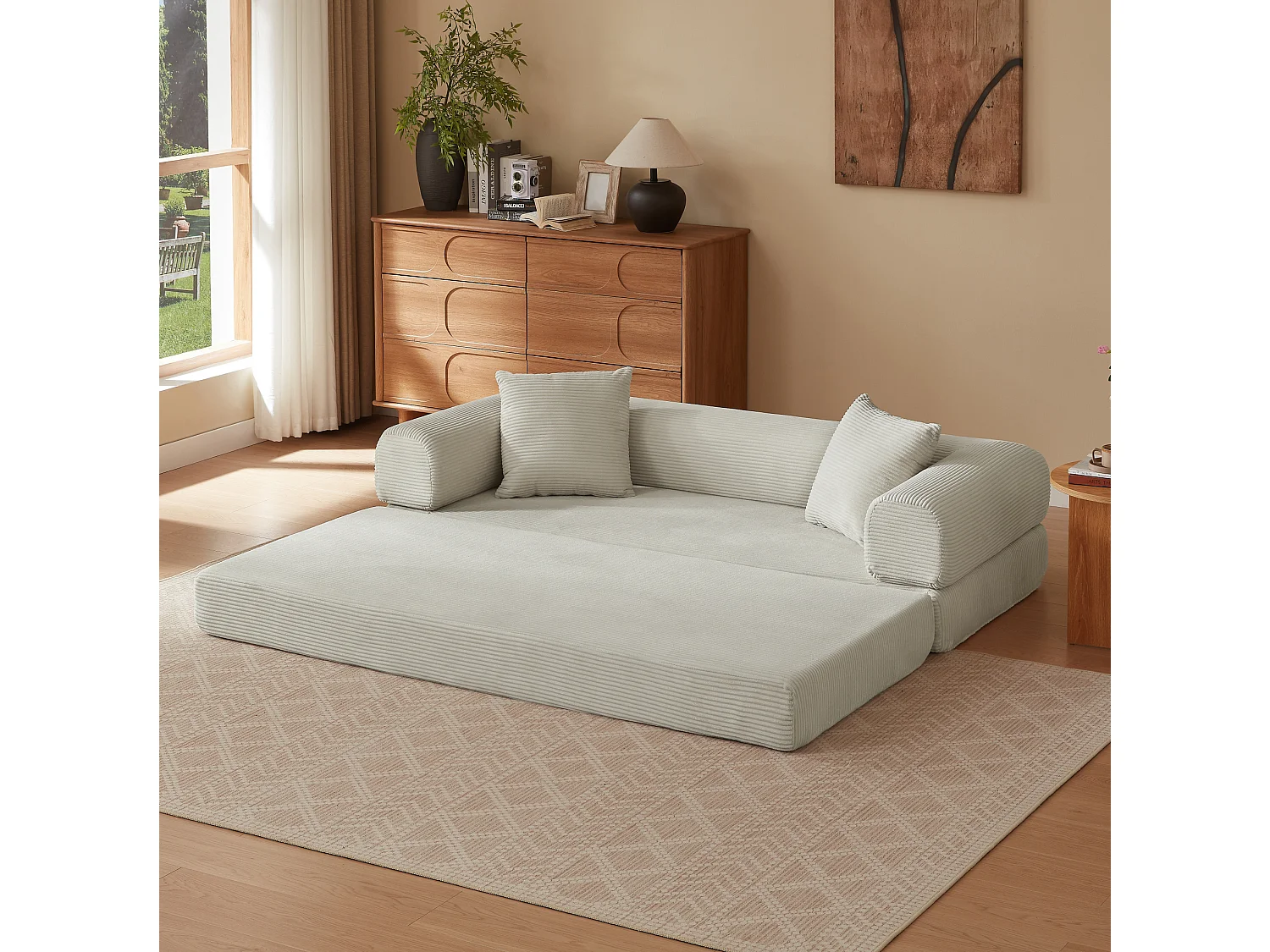 Canapé convertible 2 places 195 cm en tissu beige - Sans montage