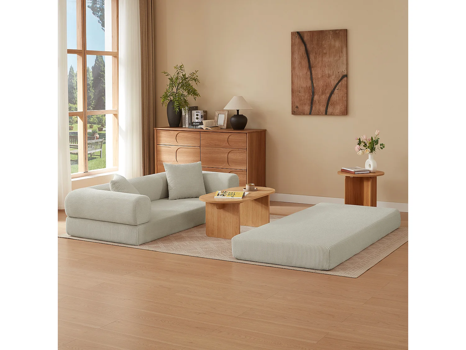 Canapé convertible 2 places 195 cm en tissu beige - Sans montage