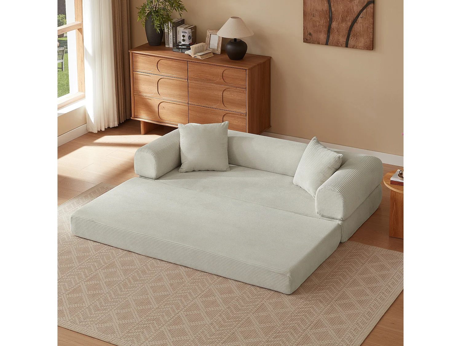 Canapé convertible 2 places 195 cm en tissu beige - Sans montage