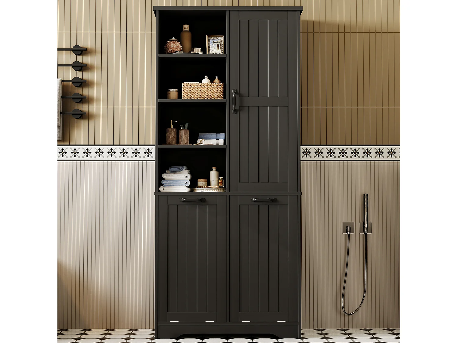 Armario alto de baño de 78x35x172,7 cm con 2 cestos para la ropa y una puerta – Negro