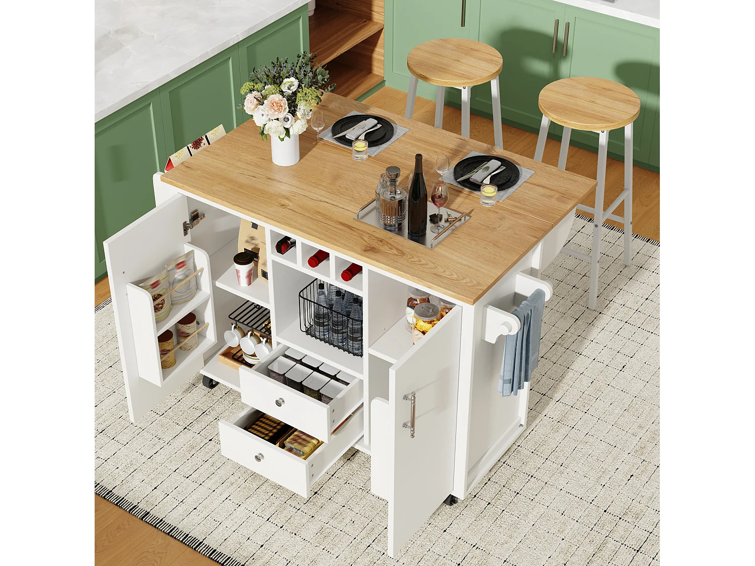 Isola cucina + 2 sgabelli - Bianco e naturale