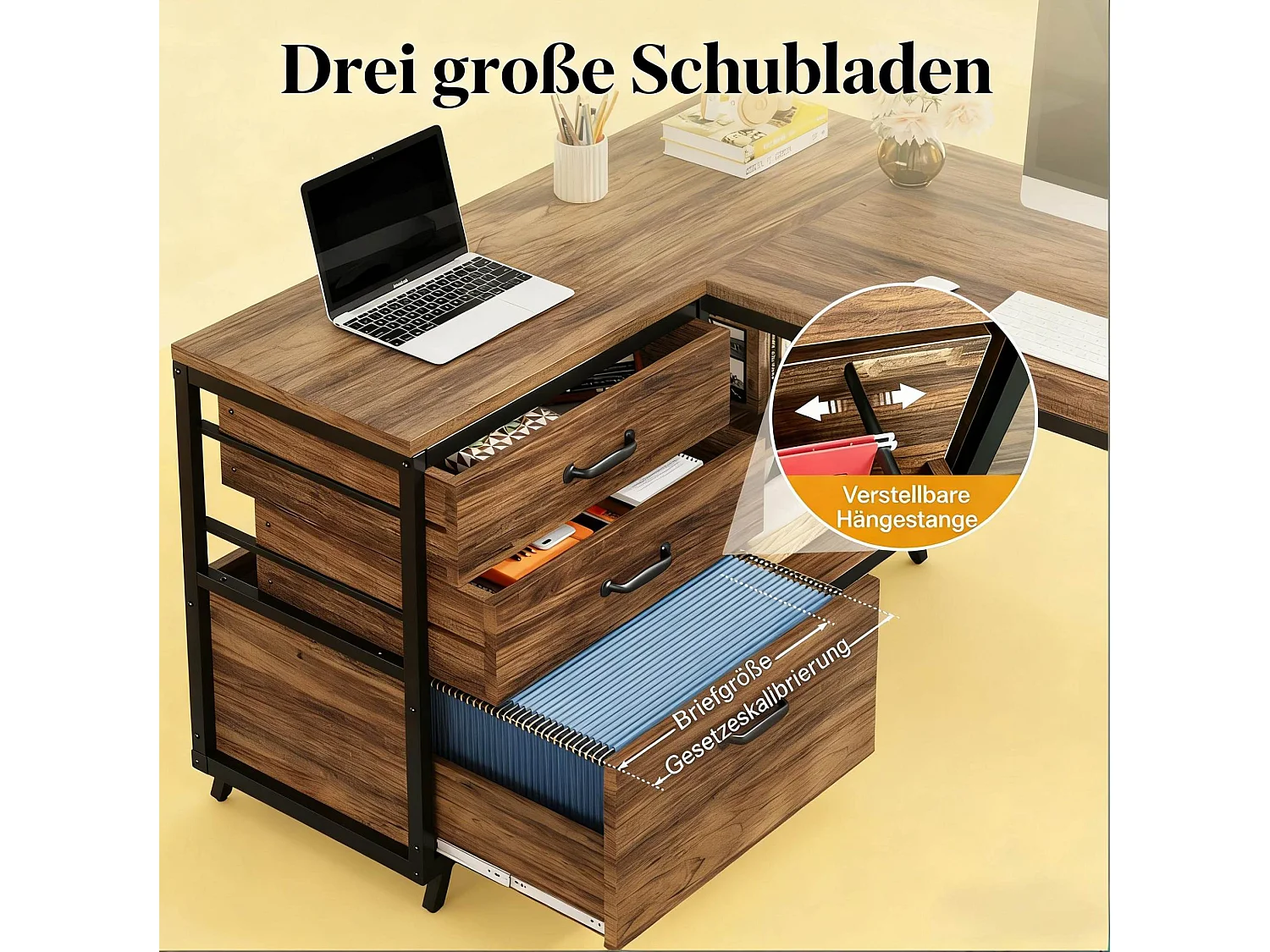 Omkeerbaar hoekbureau (zwart en bruin) met 3 lades en legplanken – Metaal en hout