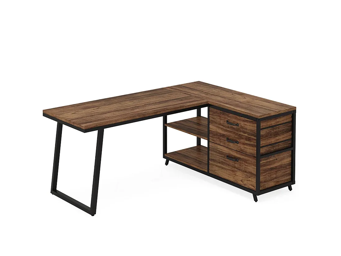 Omkeerbaar hoekbureau (zwart en bruin) met 3 lades en legplanken – Metaal en hout
