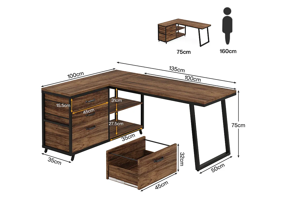 Omkeerbaar hoekbureau (zwart en bruin) met 3 lades en legplanken – Metaal en hout