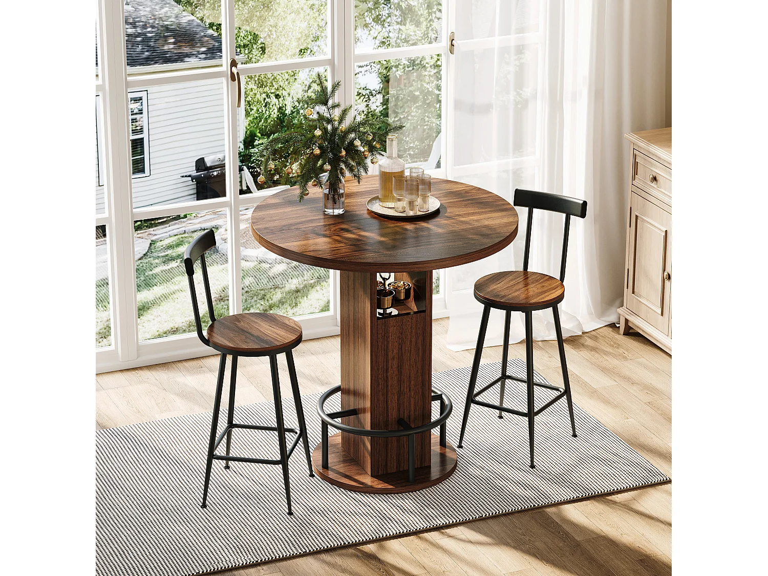 Ensemble bar 3 pièces noyer, table 80 cm avec rangement et 2 tabourets, pieds métal