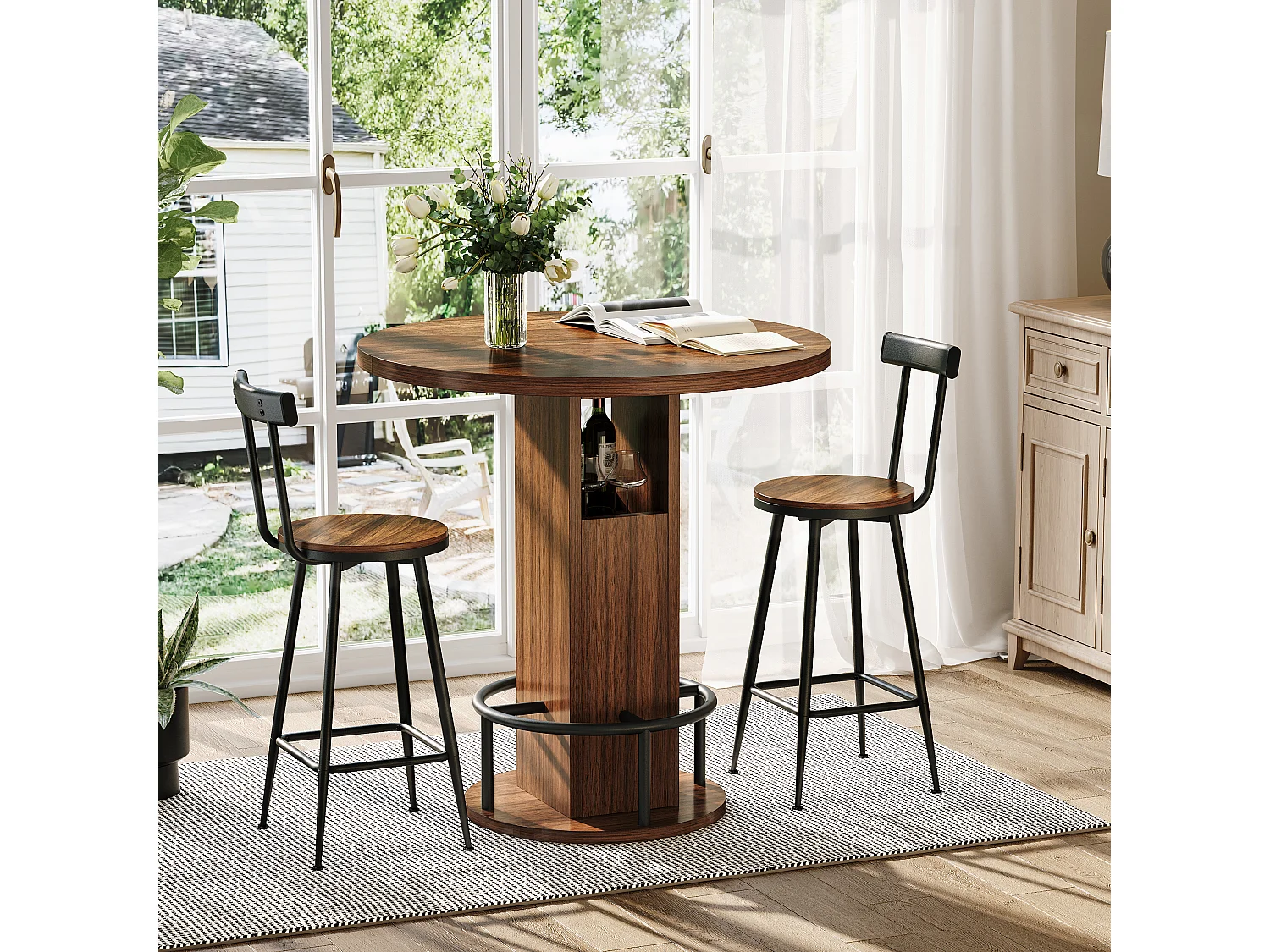 Ensemble bar 3 pièces noyer, table 80 cm avec rangement et 2 tabourets, pieds métal