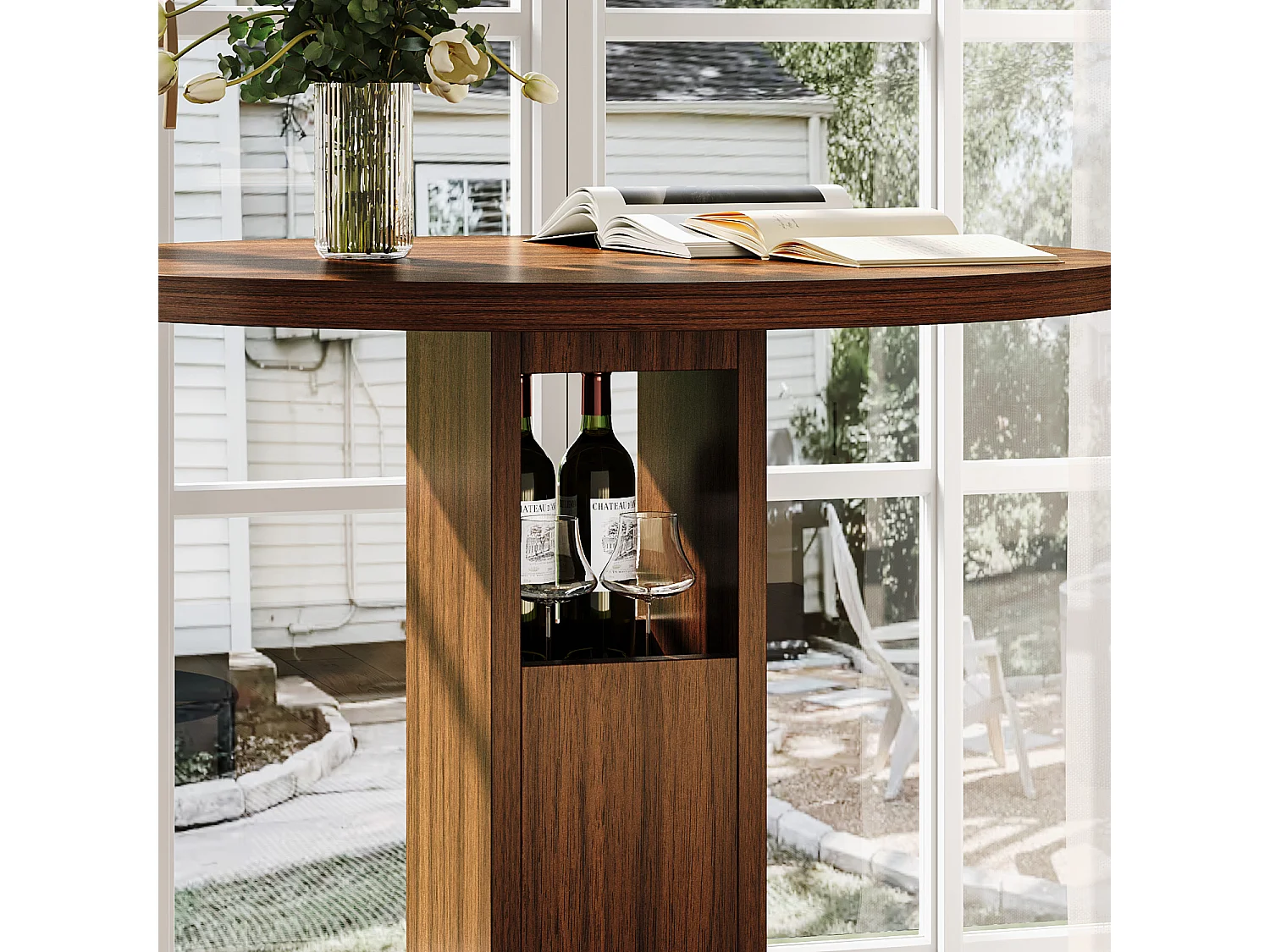 Ensemble bar 3 pièces noyer, table 80 cm avec rangement et 2 tabourets, pieds métal