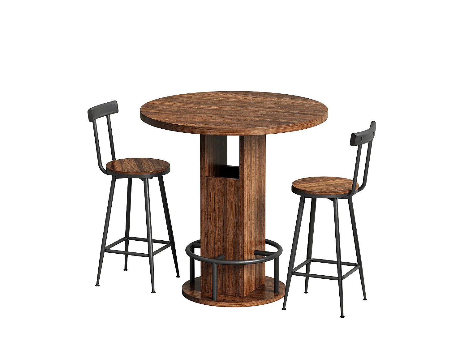Ensemble bar 3 pièces noyer, table 80 cm avec rangement et 2 tabourets, pieds métal