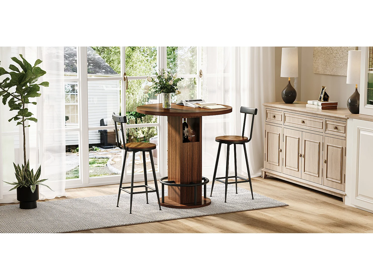 Ensemble bar 3 pièces noyer, table 80 cm avec rangement et 2 tabourets, pieds métal