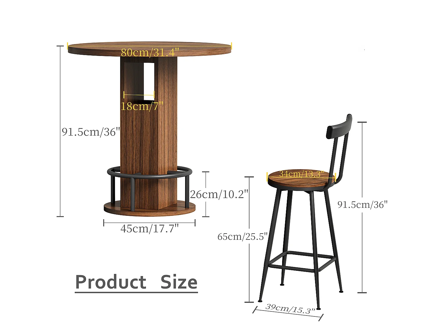 Ensemble bar 3 pièces noyer, table 80 cm avec rangement et 2 tabourets, pieds métal