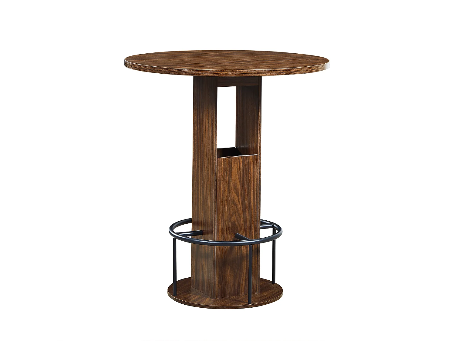 Ensemble bar 3 pièces noyer, table 80 cm avec rangement et 2 tabourets, pieds métal