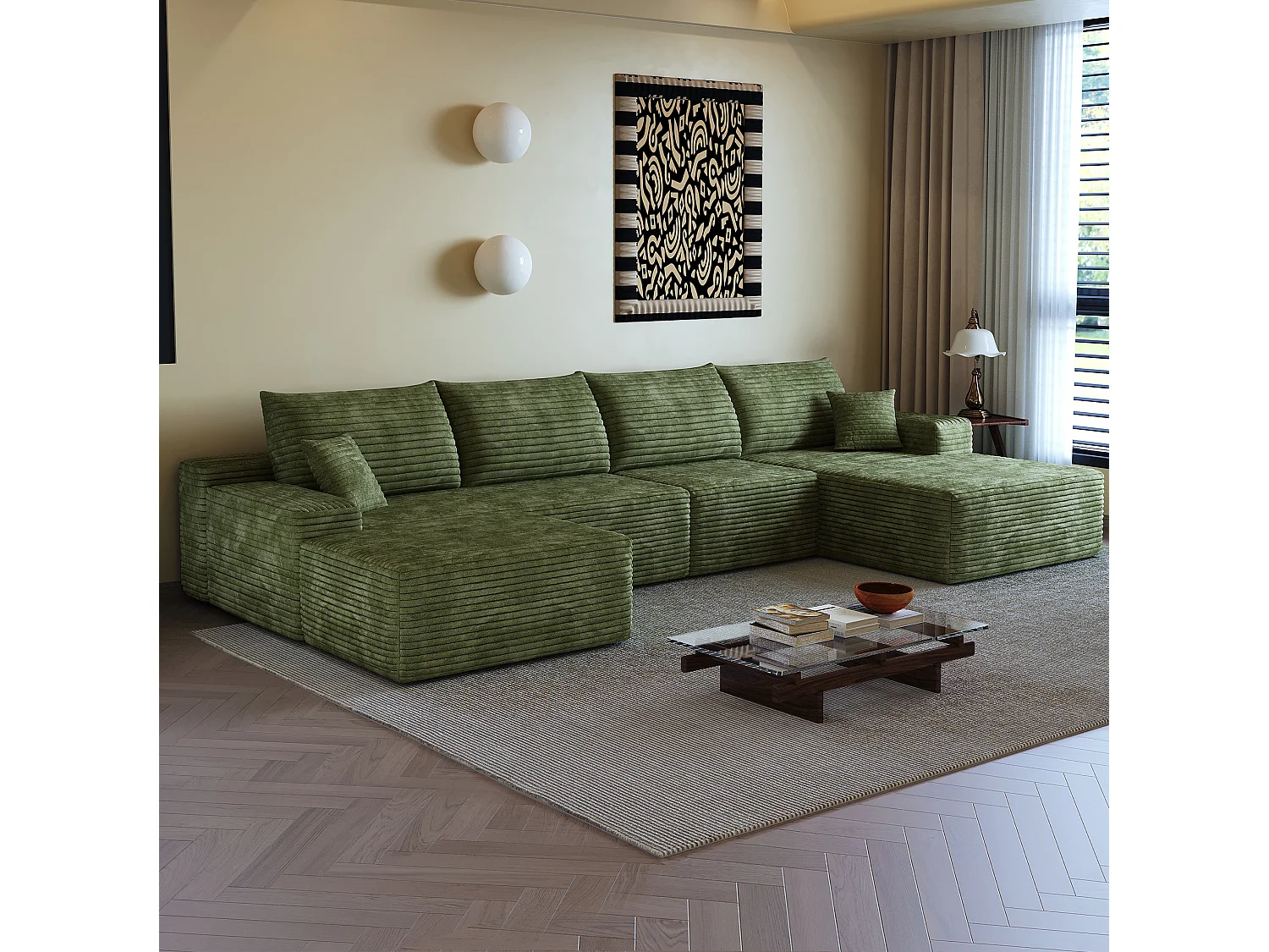 Canapé modulable 4 places en velours côtelé avec pouf et Méridienne à droite - Vert