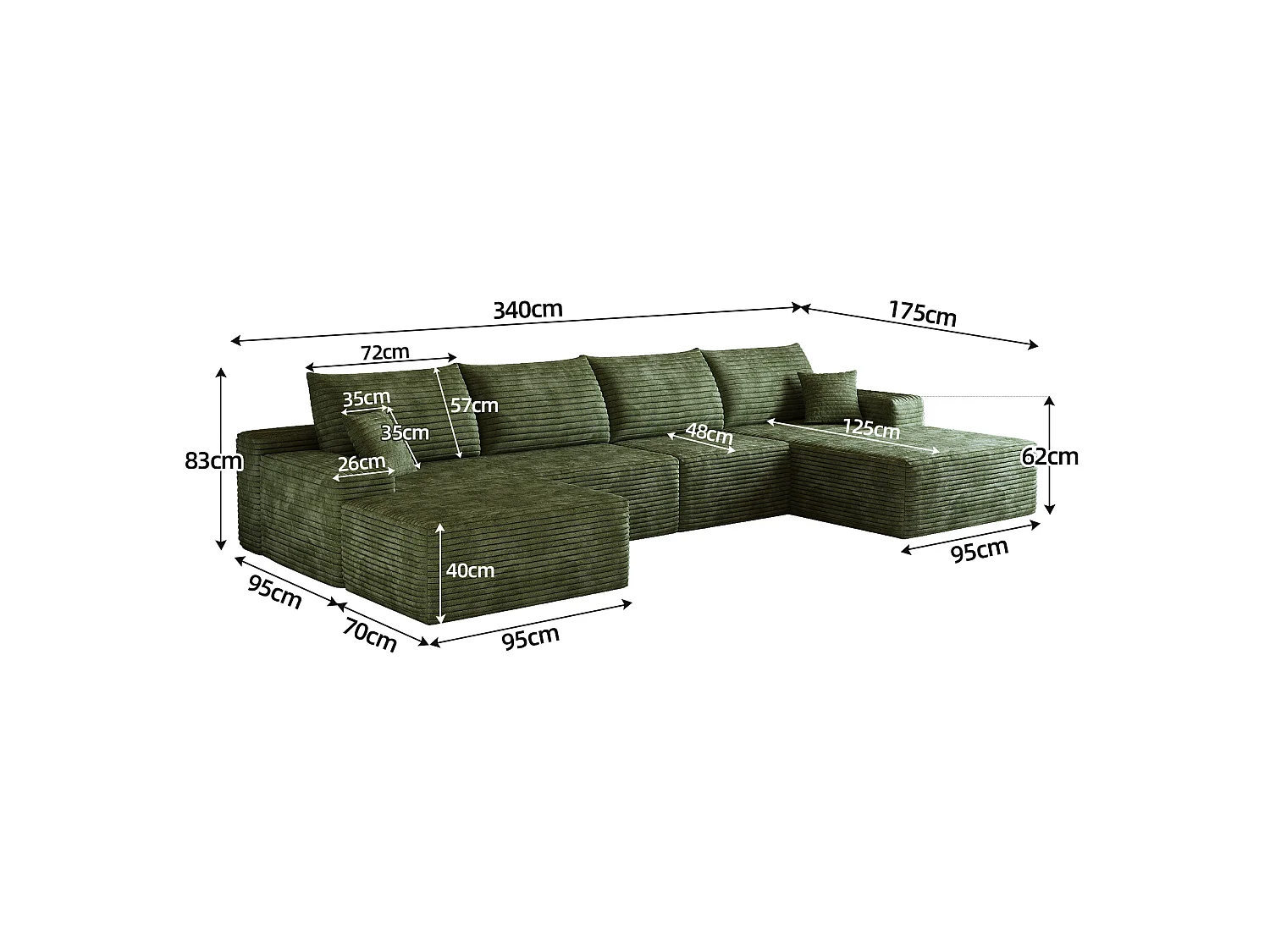 Canapé modulable 4 places en velours côtelé avec pouf et Méridienne à droite - Vert