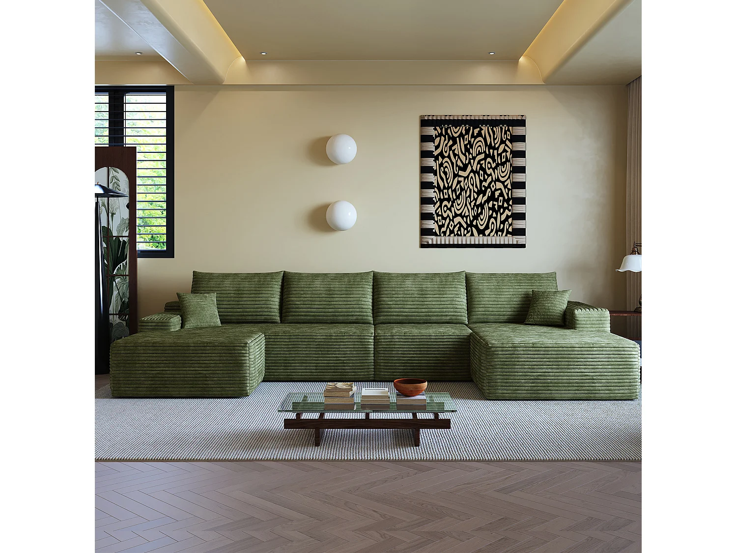 Canapé modulable 4 places en velours côtelé avec pouf et Méridienne à droite - Vert