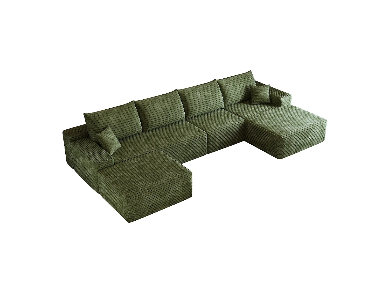 Canapé modulable 4 places en velours côtelé avec pouf et Méridienne à droite - Vert