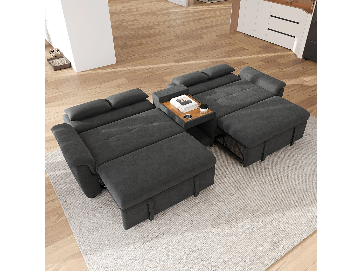 Sofá convertível de 4 lugares com encosto ajustável e 2 bases para copos – Tecido chenille cinzento-escuro