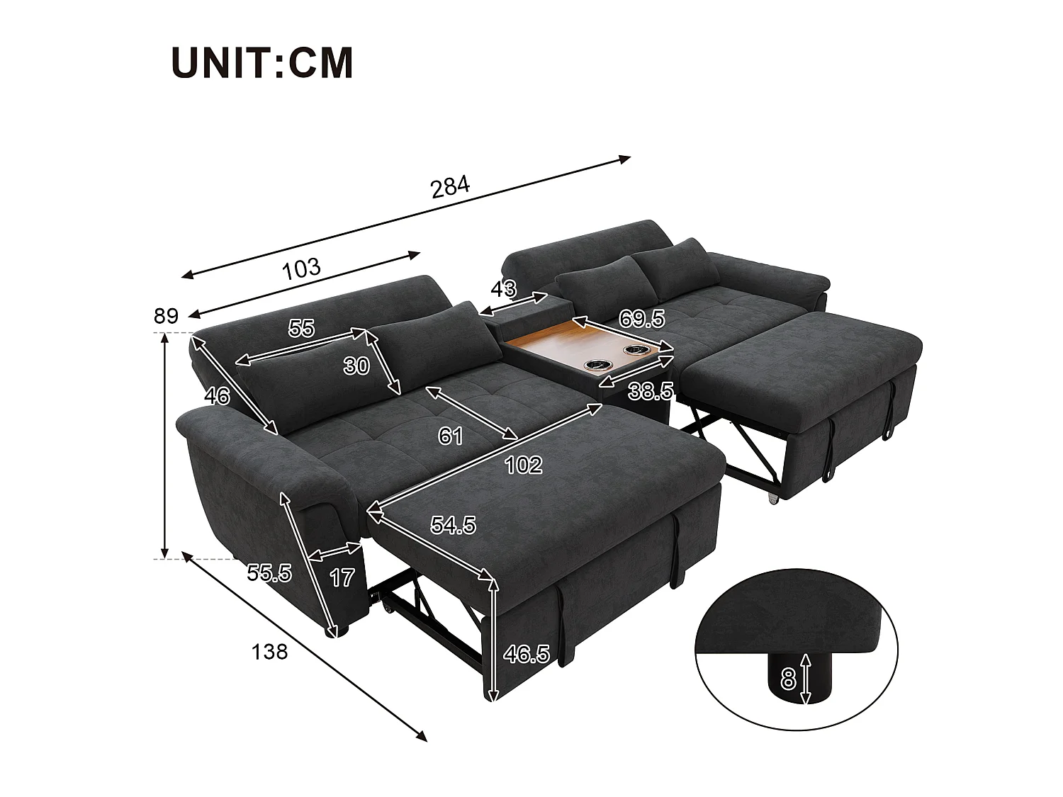 Sofá convertível de 4 lugares com encosto ajustável e 2 bases para copos – Tecido chenille cinzento-escuro