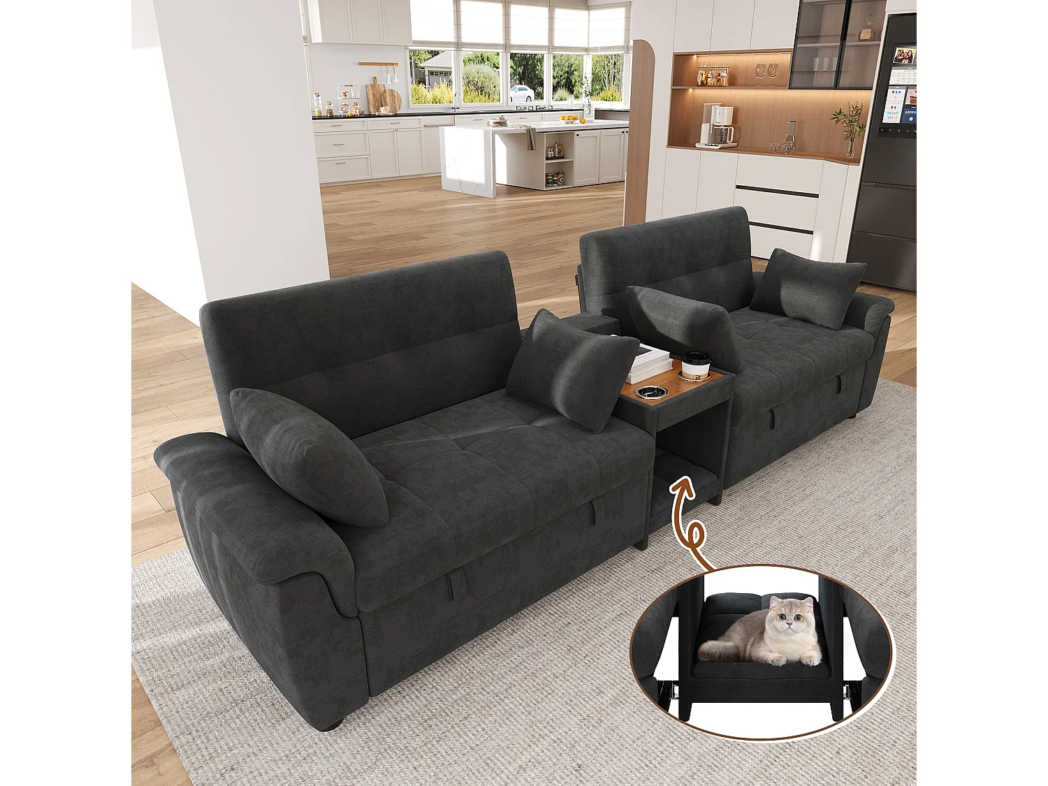 Sofá convertível de 4 lugares com encosto ajustável e 2 bases para copos – Tecido chenille cinzento-escuro