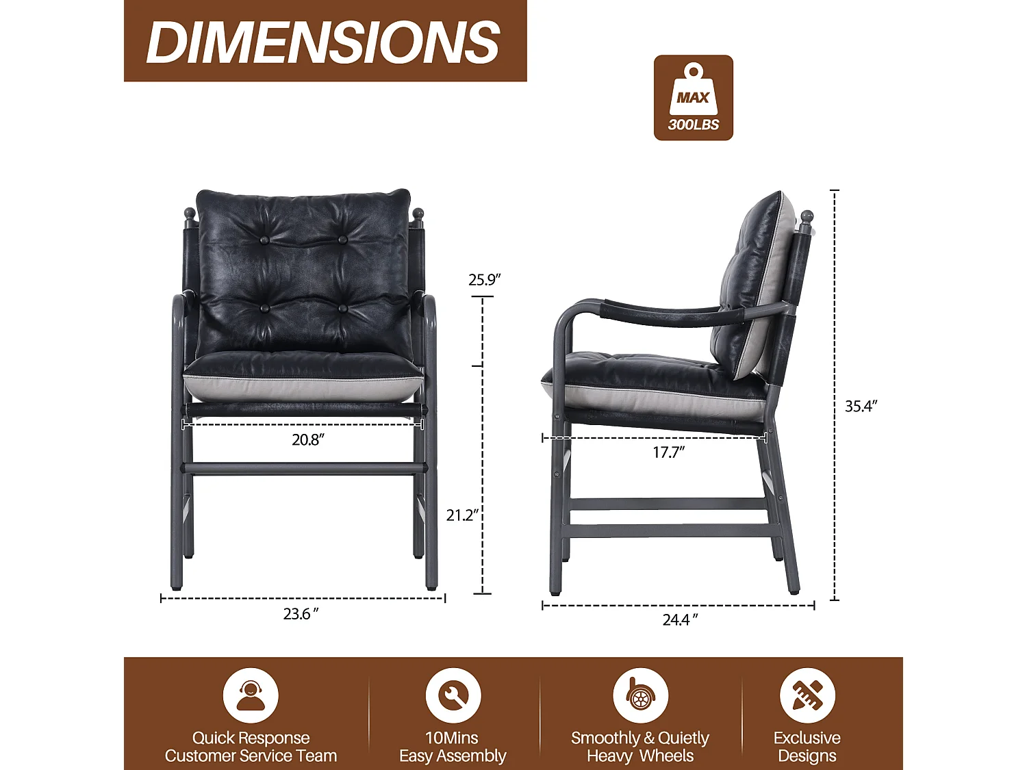Sillón moderno de cuero negro con estructura metálica