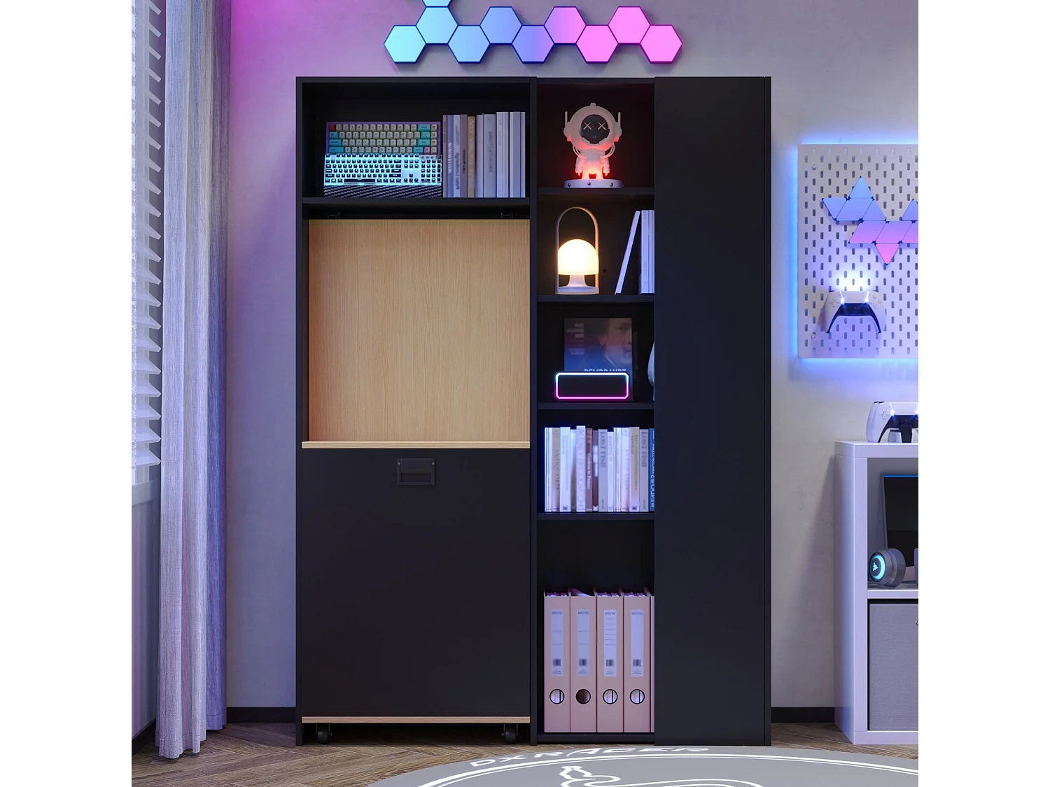 Bureau d'angle pliant 2-en-1 noir et chêne avec étagères, prise - Bois en MDF